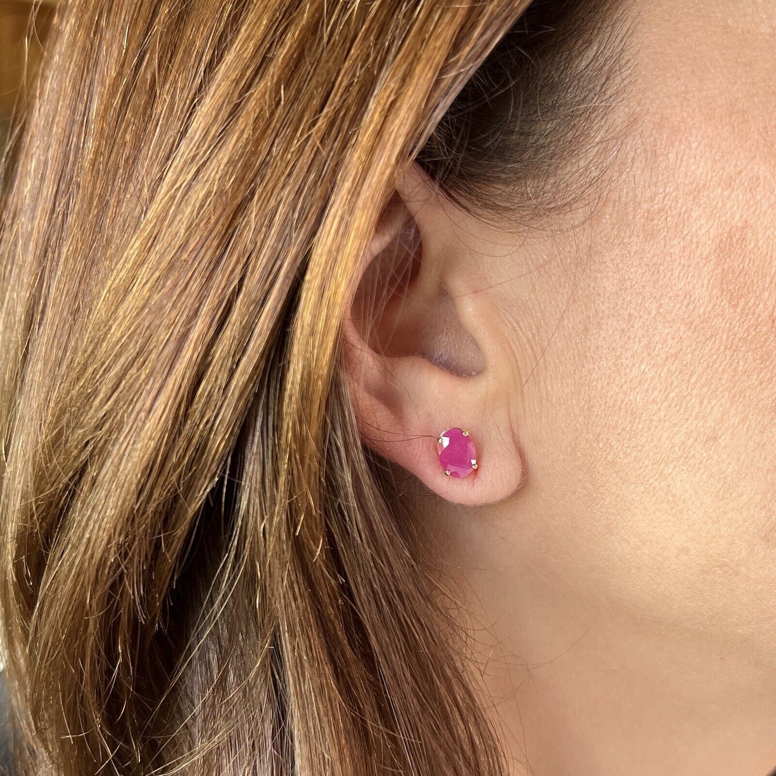 Solid 14k Yellow Gold Genuine Ruby 6x8mm Stud Earrings, New