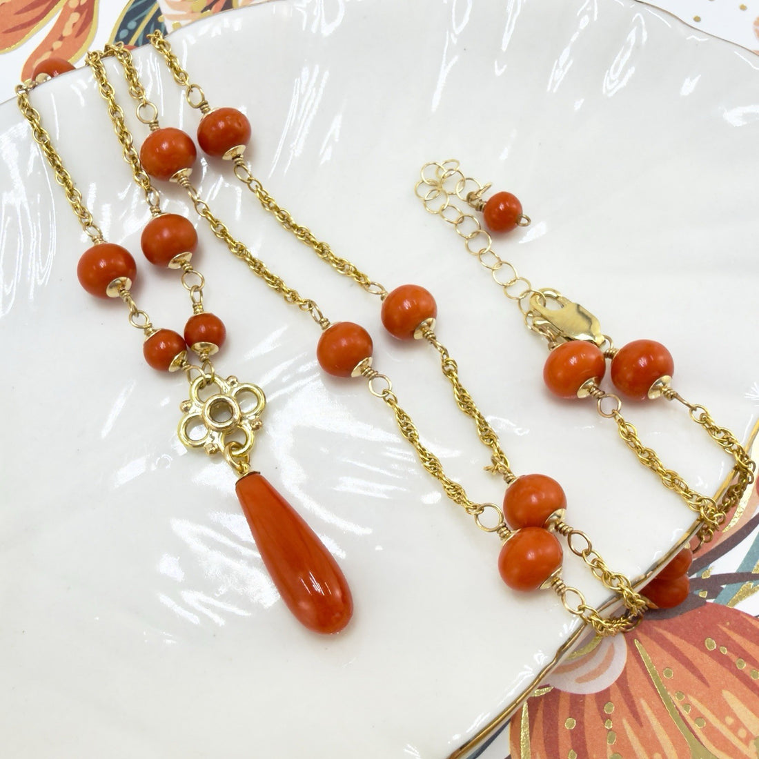 14k Yellow Gold Natural Red Coral Station Necklace w/Drop, 17.5-19" New
