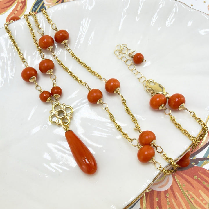 14k Yellow Gold Natural Red Coral Station Necklace w/Drop, 17.5-19" New