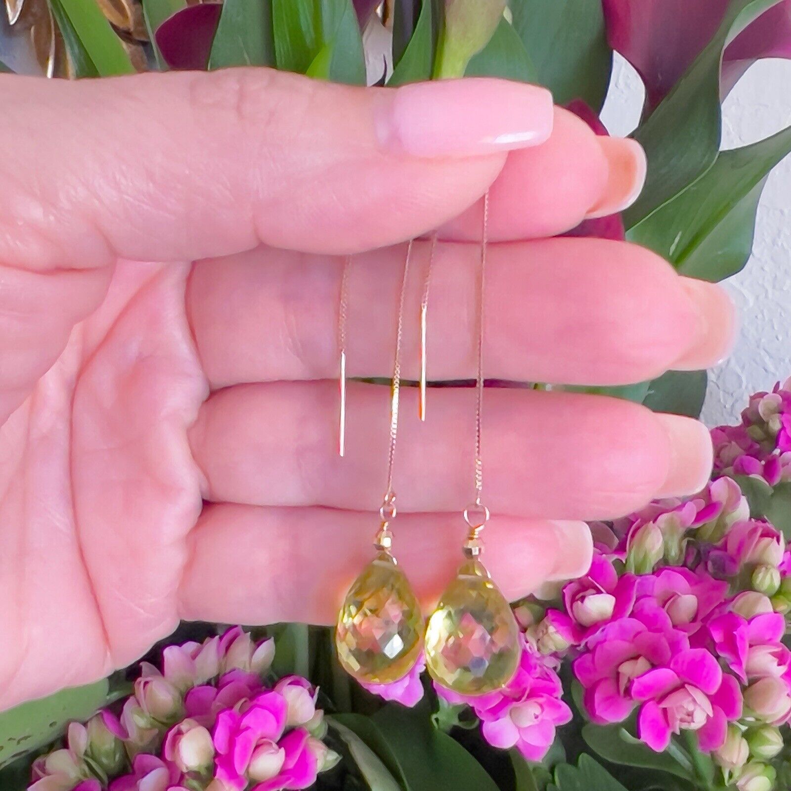 14k Yellow Gold Genuine Lemon Citrine Threader Drop/Dangle Earrings, New, 2.80"