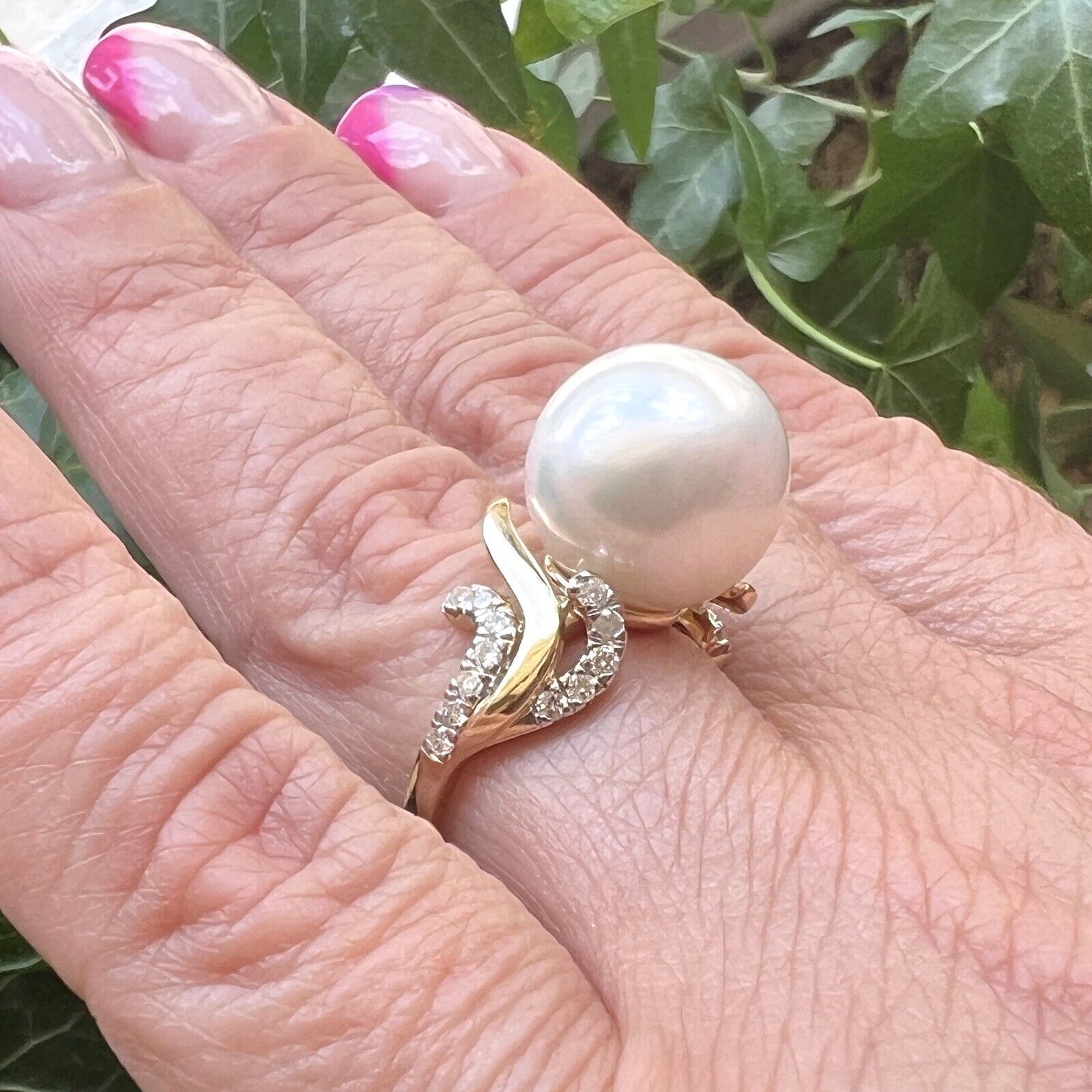 Solid 14k Yellow Gold Genuine 13.3mm Pearl & Diamond Ring, Size 7 New