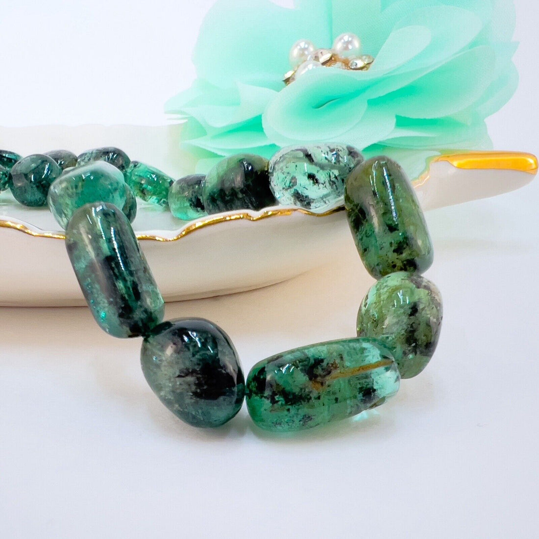Genuine Emerald (170ct) 14k Yellow Gold Beaded Necklace, New 17.5"