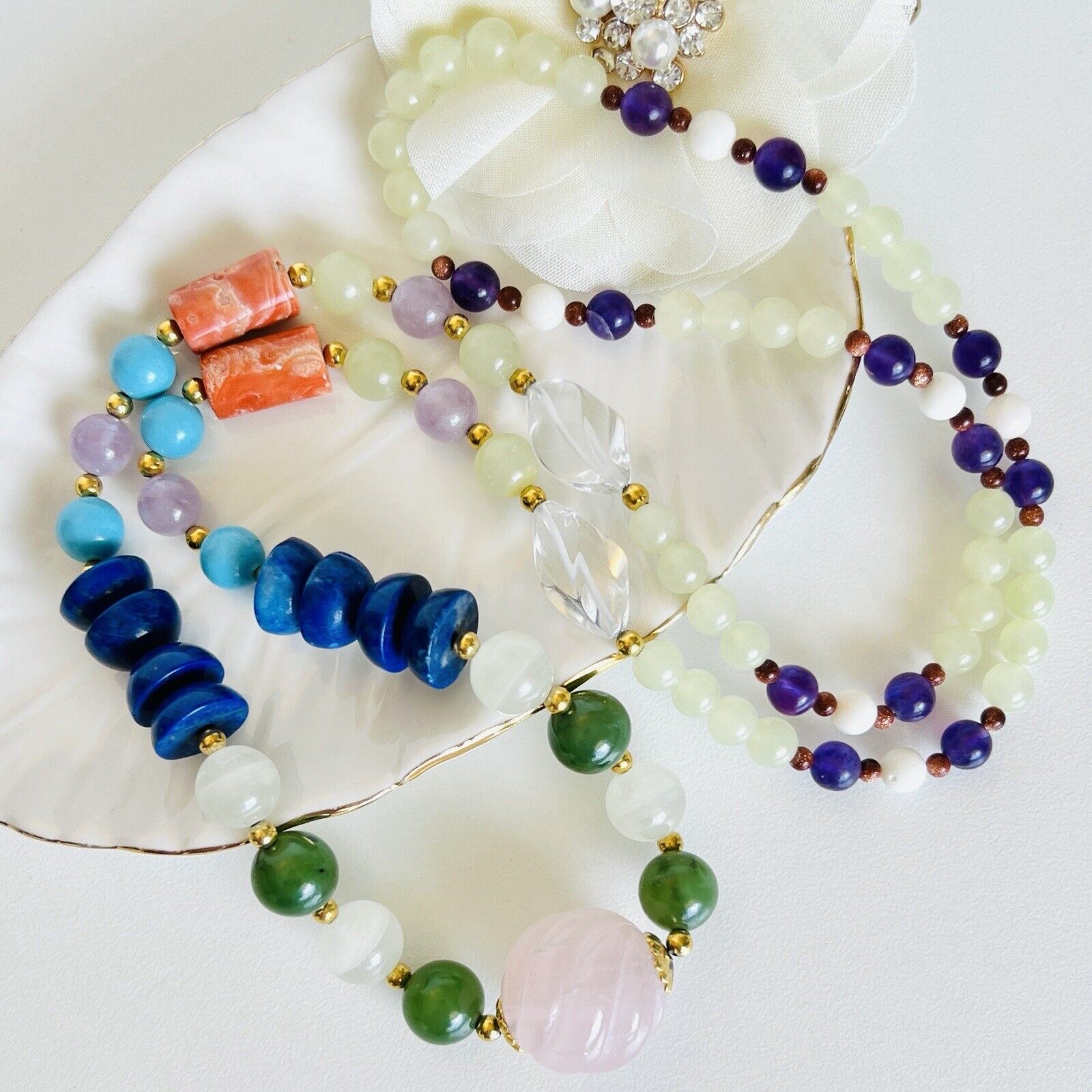 Natural Coral, Amethyst, Jade, Howlite, Serpentine & Quartz Beaded Necklace, New