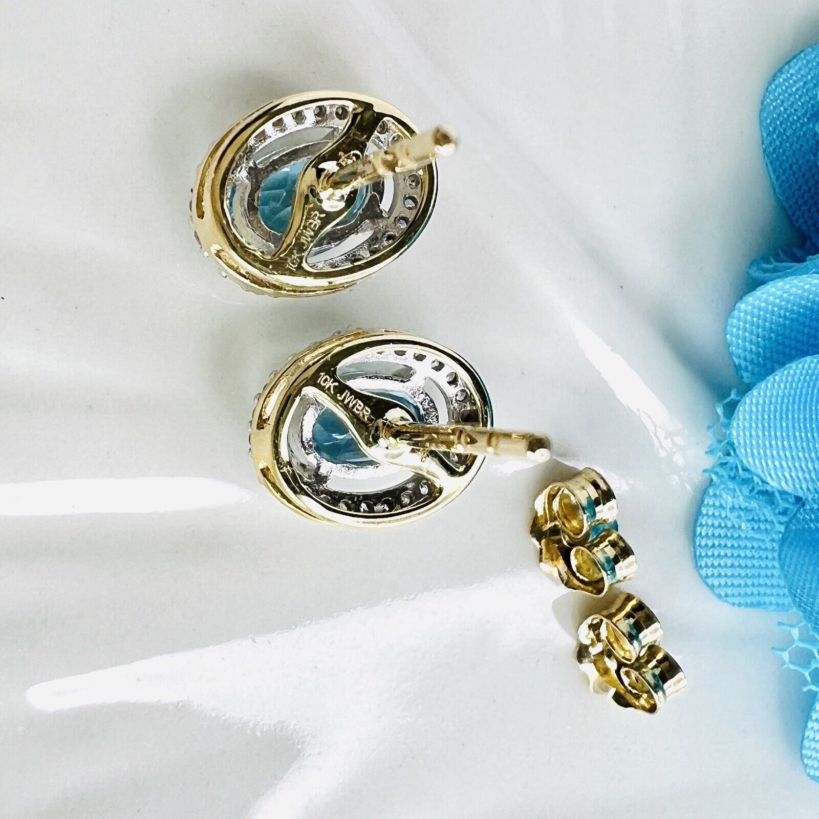 Solid 10k Yellow Gold Genuine Blue Topaz & Diamond Halo Oval Stud Earrings, New