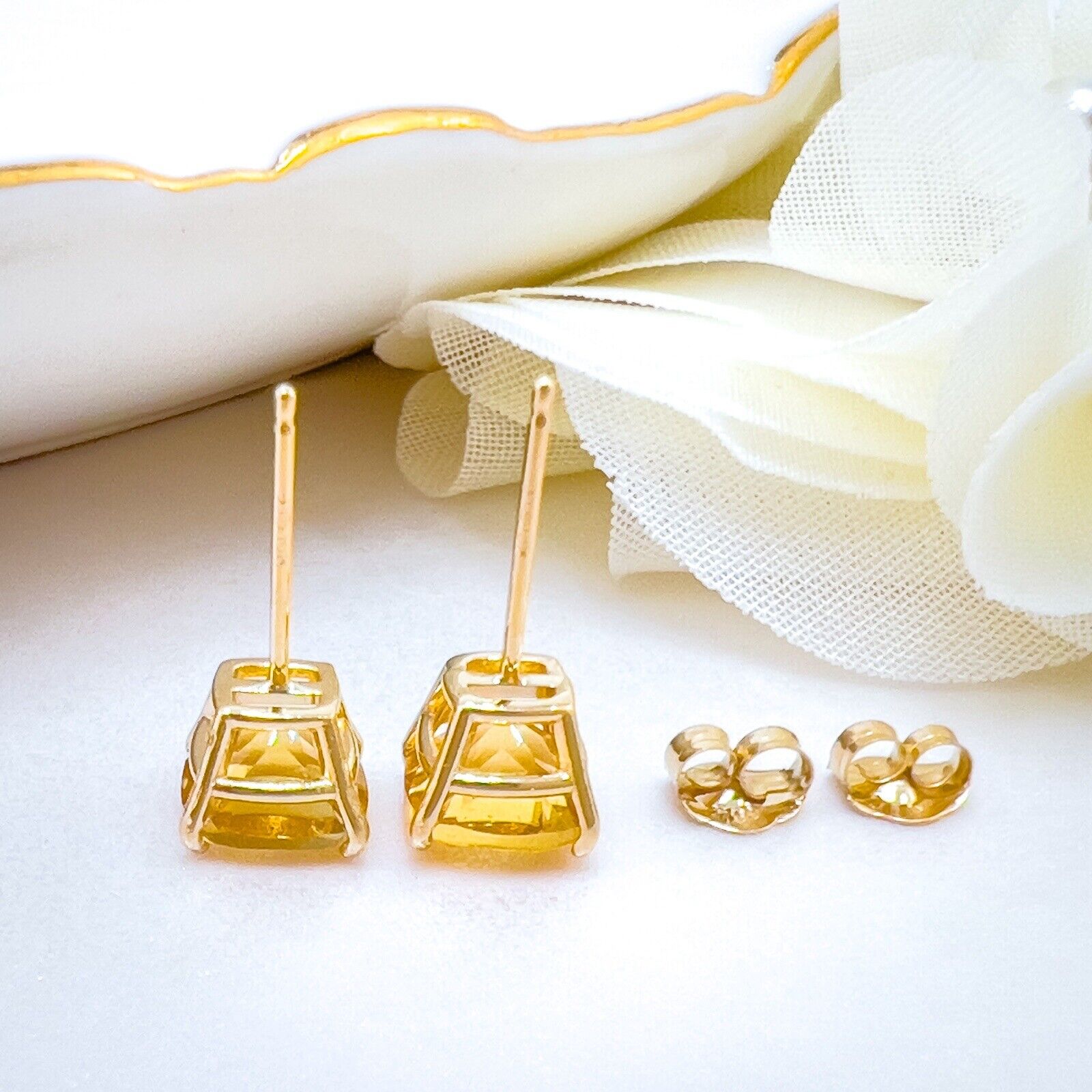 Solid 10k Yellow Gold Genuine Citrine 6mm Stud Earrings, New