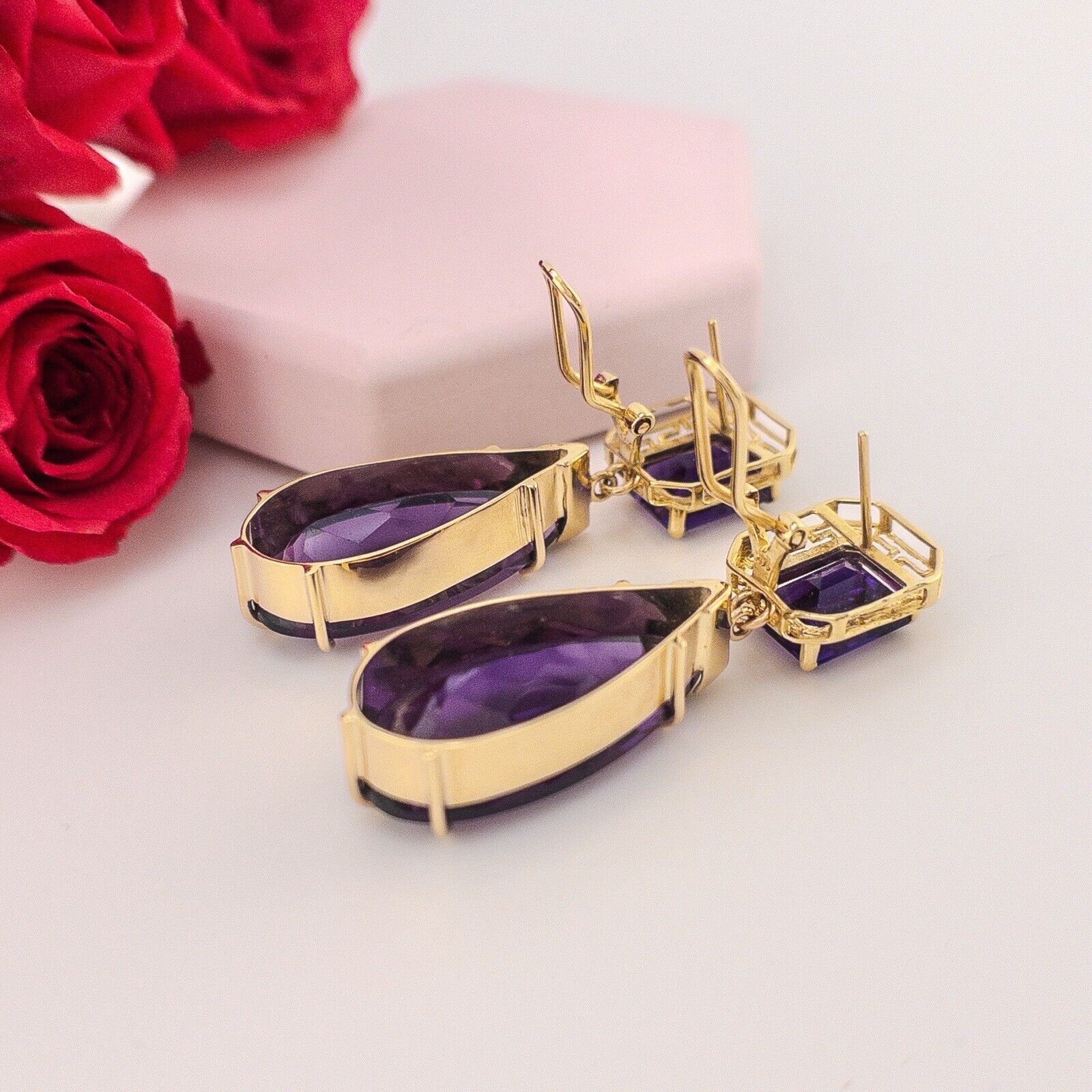 Solid 14k Yellow Gold Genuine Amethyst Omega-Back Dangle/Drop Earrings, 1.8"