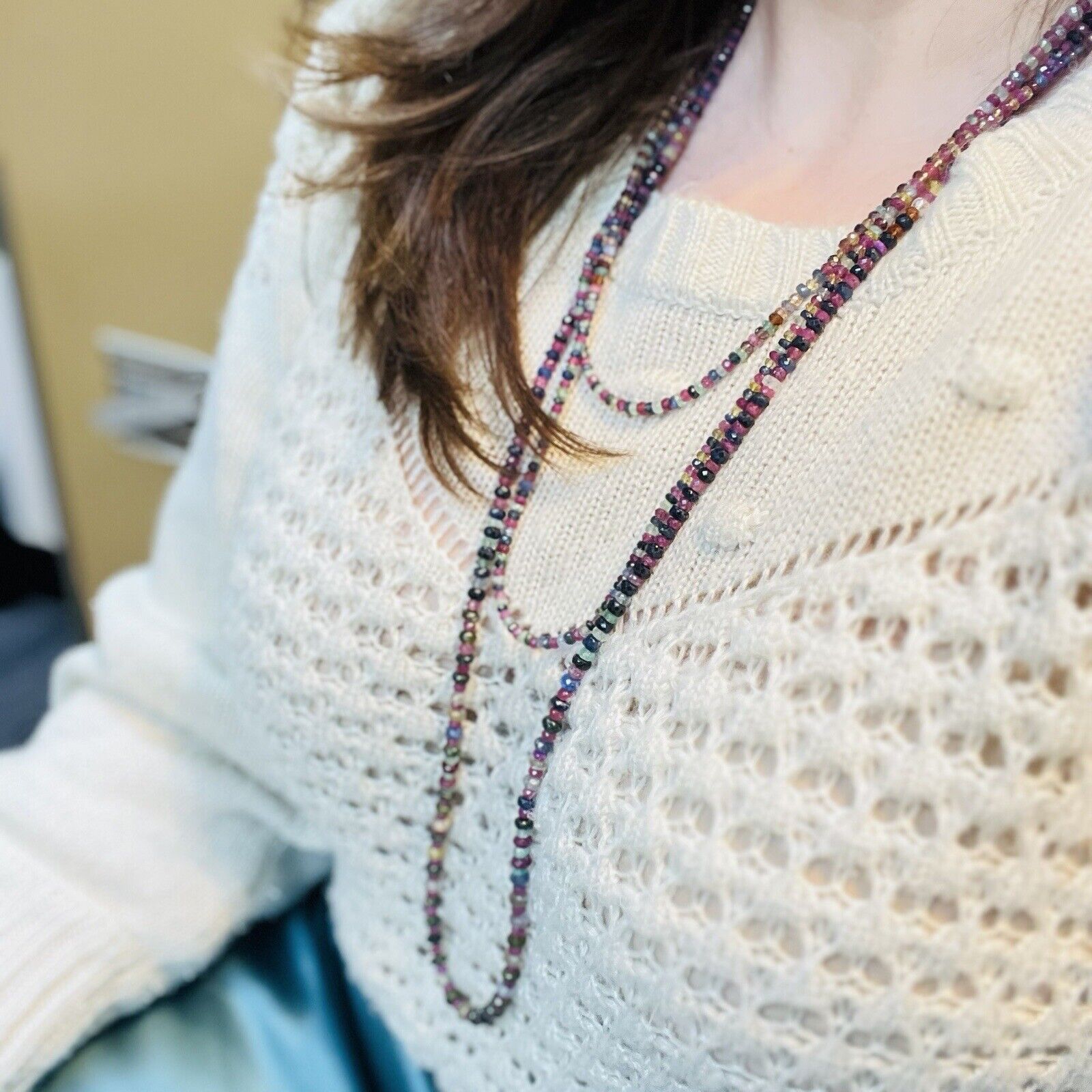 Genuine Multicolor Sapphire, Ruby & Emerald 14K Yellow Gold Necklace, New 82"