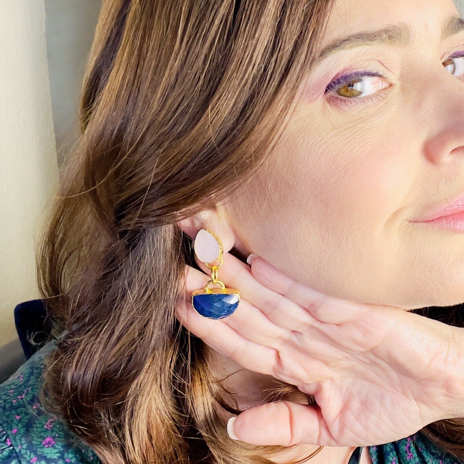 Etruscan Revival Genuine Rose Chalcedony & Lapis Lazuli GP Dangle/Drop Earrings