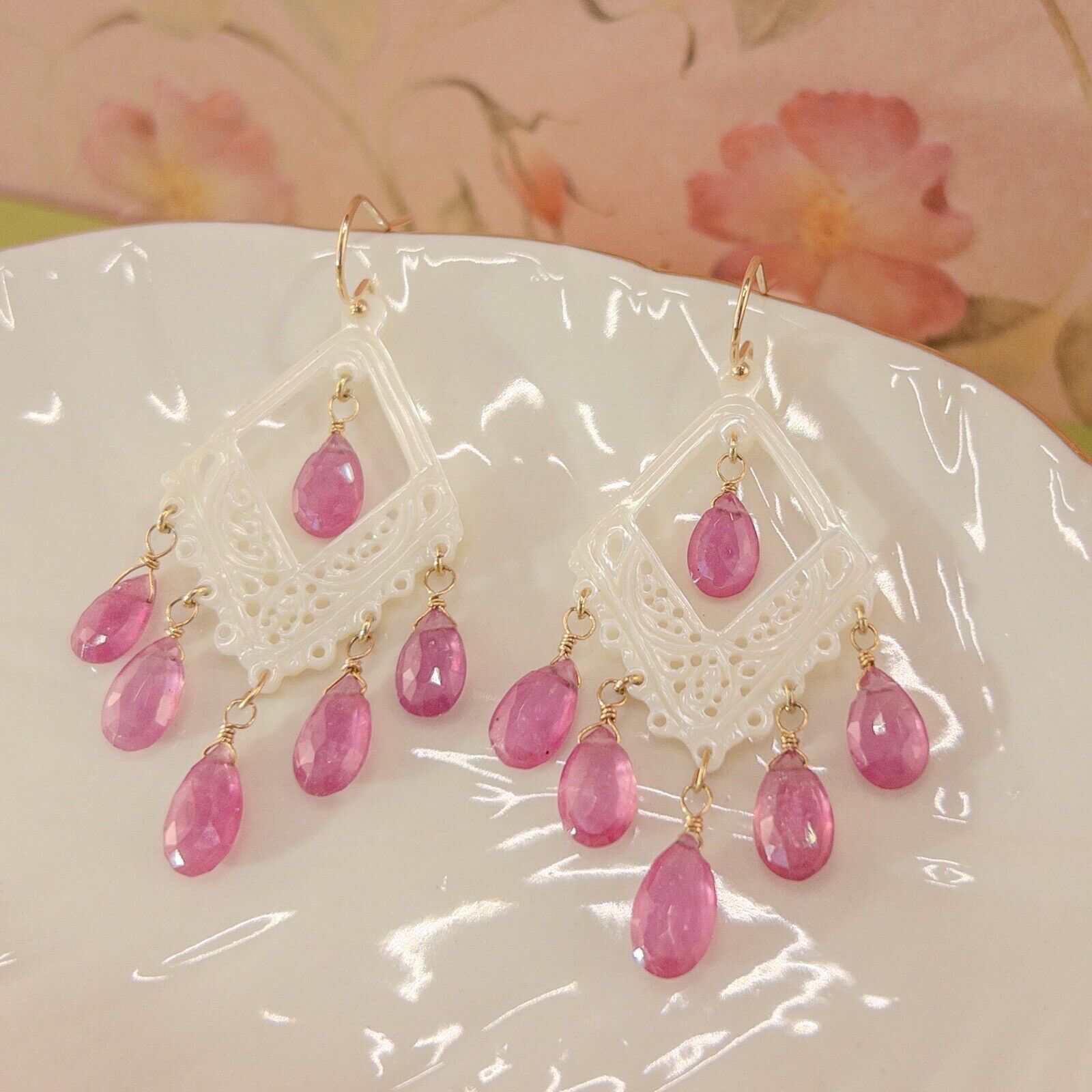 Solid 14k Yellow Gold Pink Sapphire & Mother of Pearl Chandelier Dangle Earrings