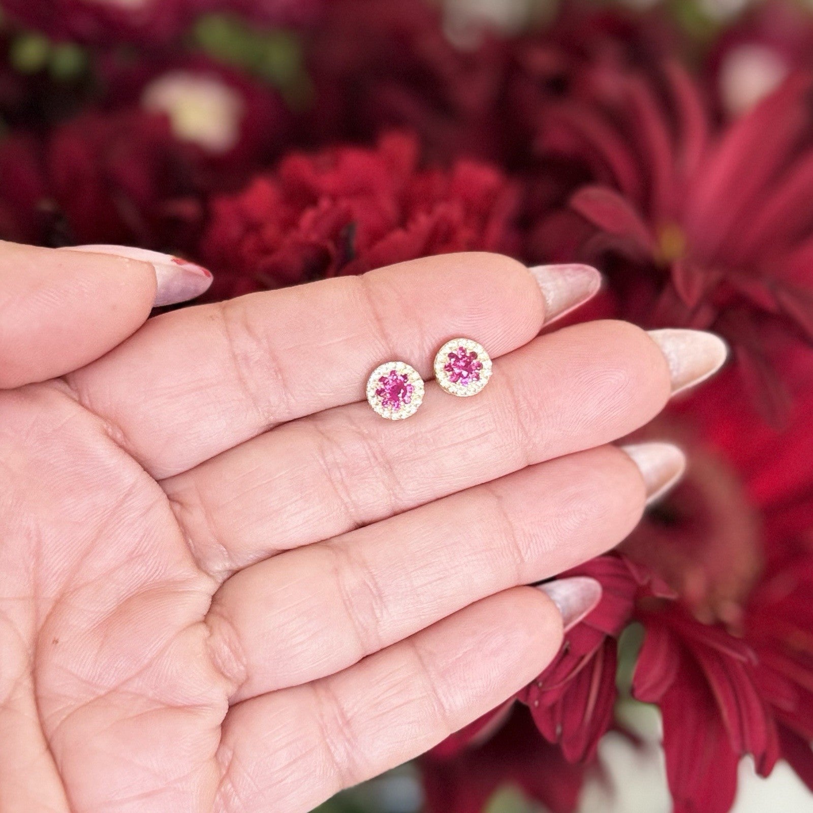 14k Yellow Gold Genuine Ruby & Diamond Halo Stud Screw-Back Earrings, New