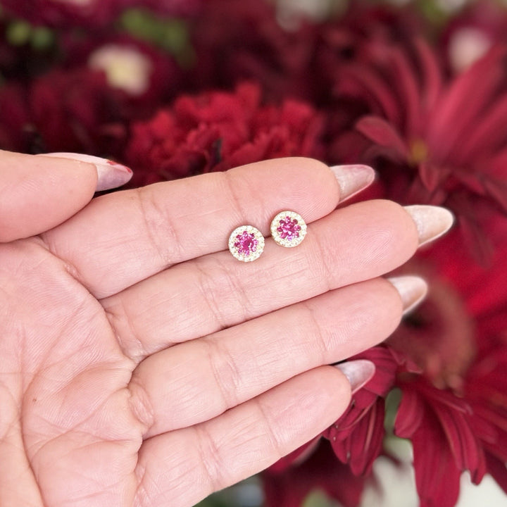 14k Yellow Gold Genuine Ruby & Diamond Halo Stud Screw-Back Earrings, New