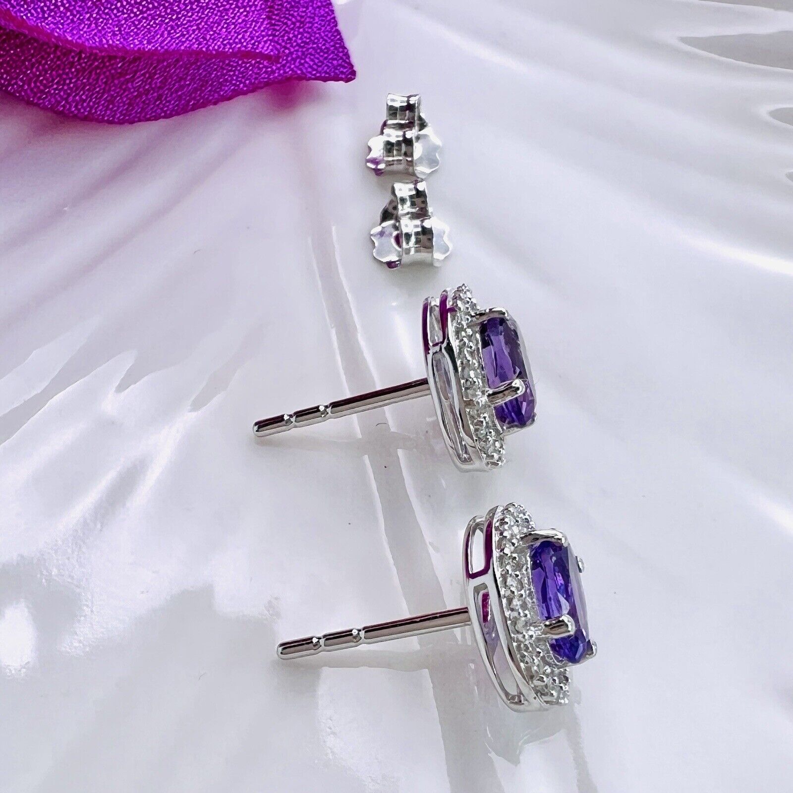 Solid 10k White Gold Genuine Amethyst & Diamond Halo Oval Stud Earrings, New