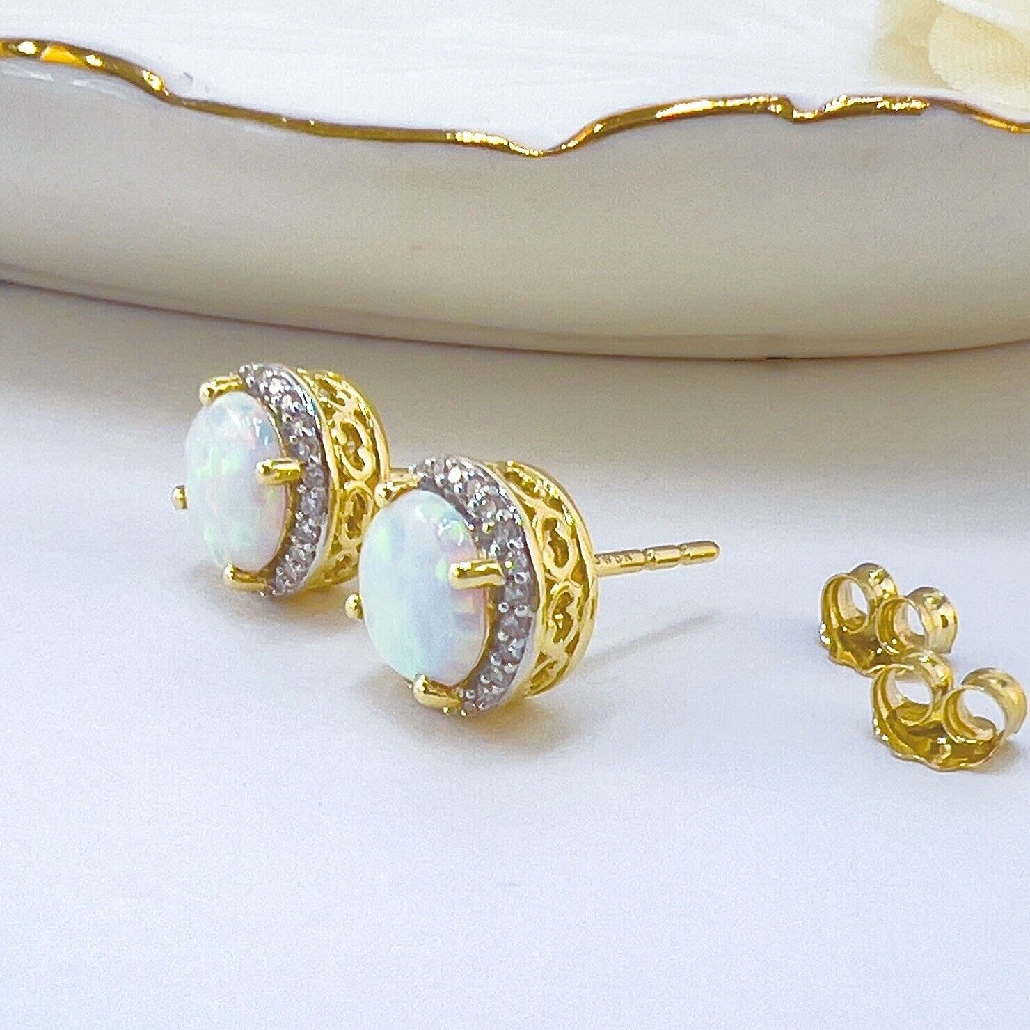 Solid 10k Yellow Gold Lab-Created Opals & Genuine Diamond Stud Earrings, New