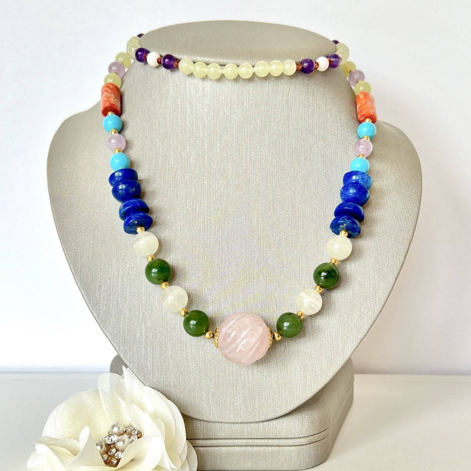Natural Coral, Amethyst, Jade, Howlite, Serpentine & Quartz Beaded Necklace, New