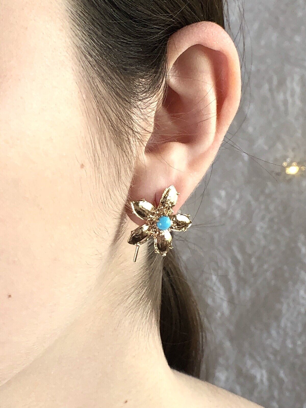 14K Yellow Gold & Sleeping Beauty Turquoise 5 Petal Flower Hook Earrings, New