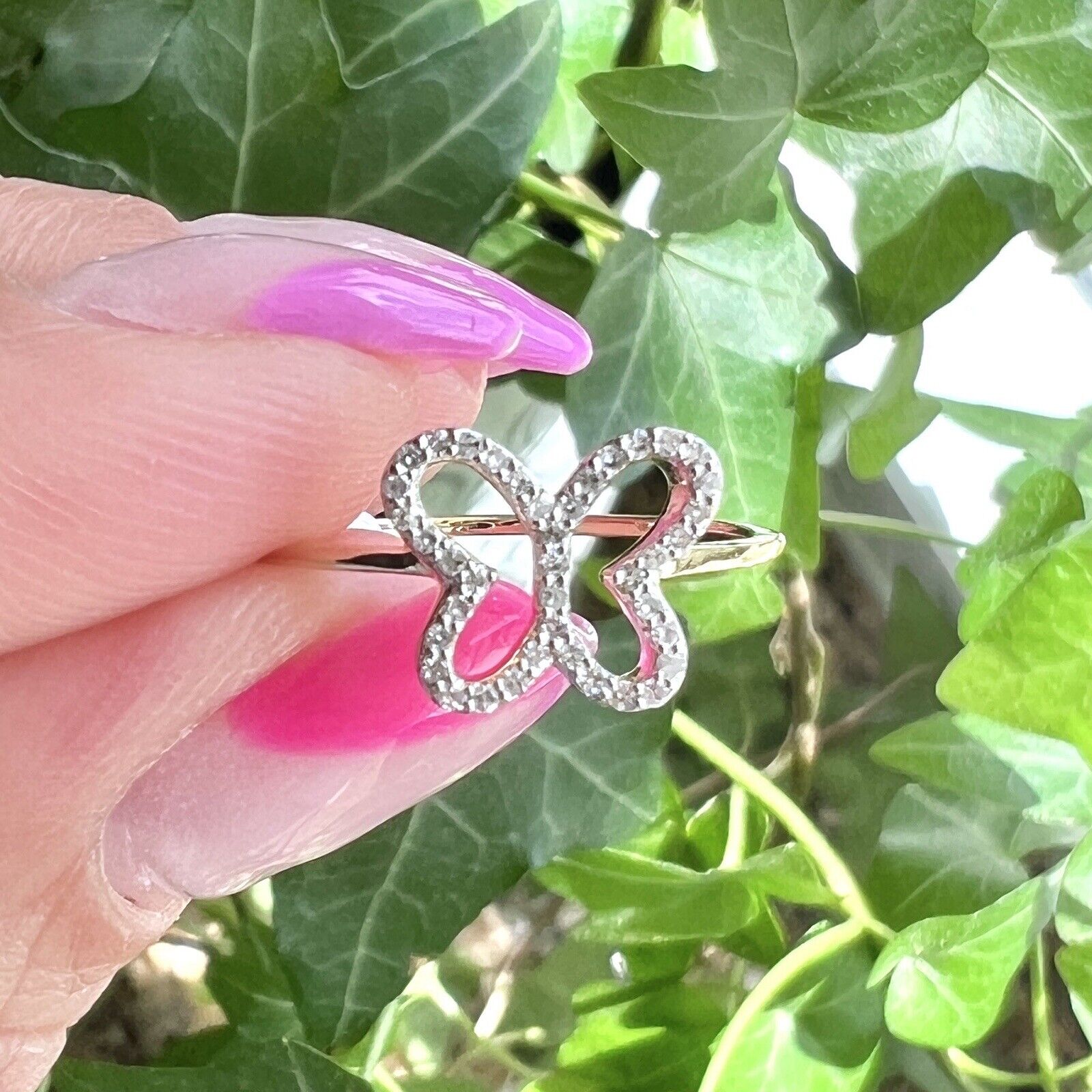 Solid 10k Yellow Gold Genuine Diamond Butterfly Cut-Out Ring, Size 7