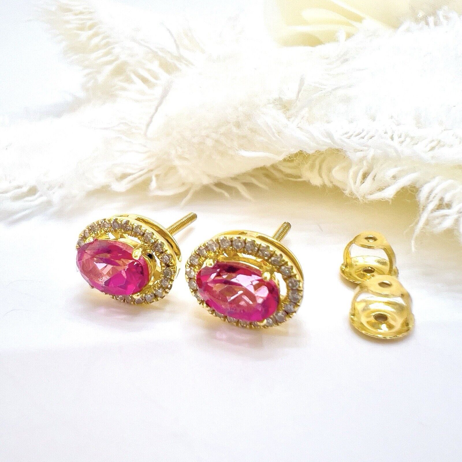 10k Yellow Gold Genuine Pink Topaz & Diamond Halo Stud Earrings, New