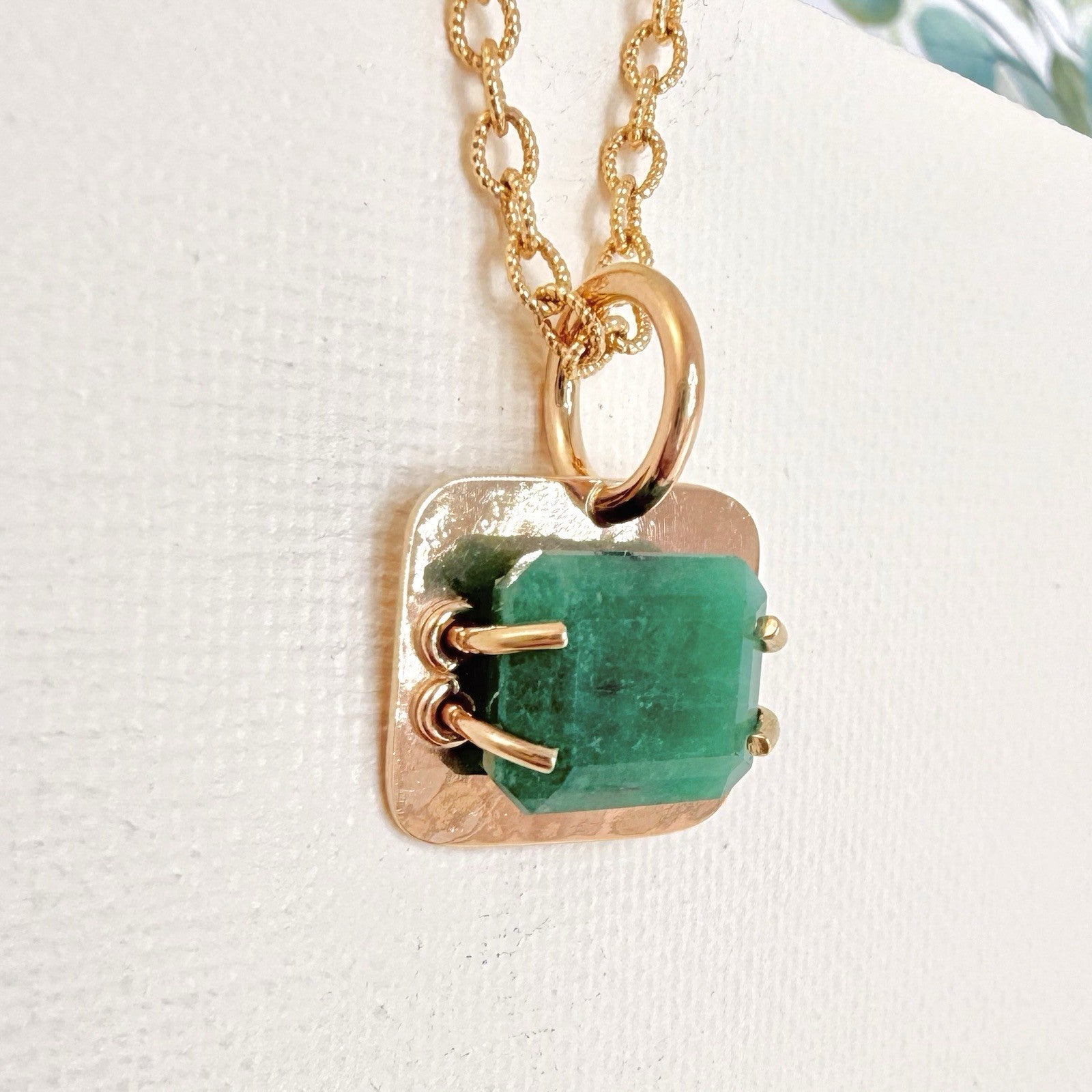 14k Yellow Gold Genuine Emerald Modernist Unisex Pendant, Newly Handcrafted 7ct