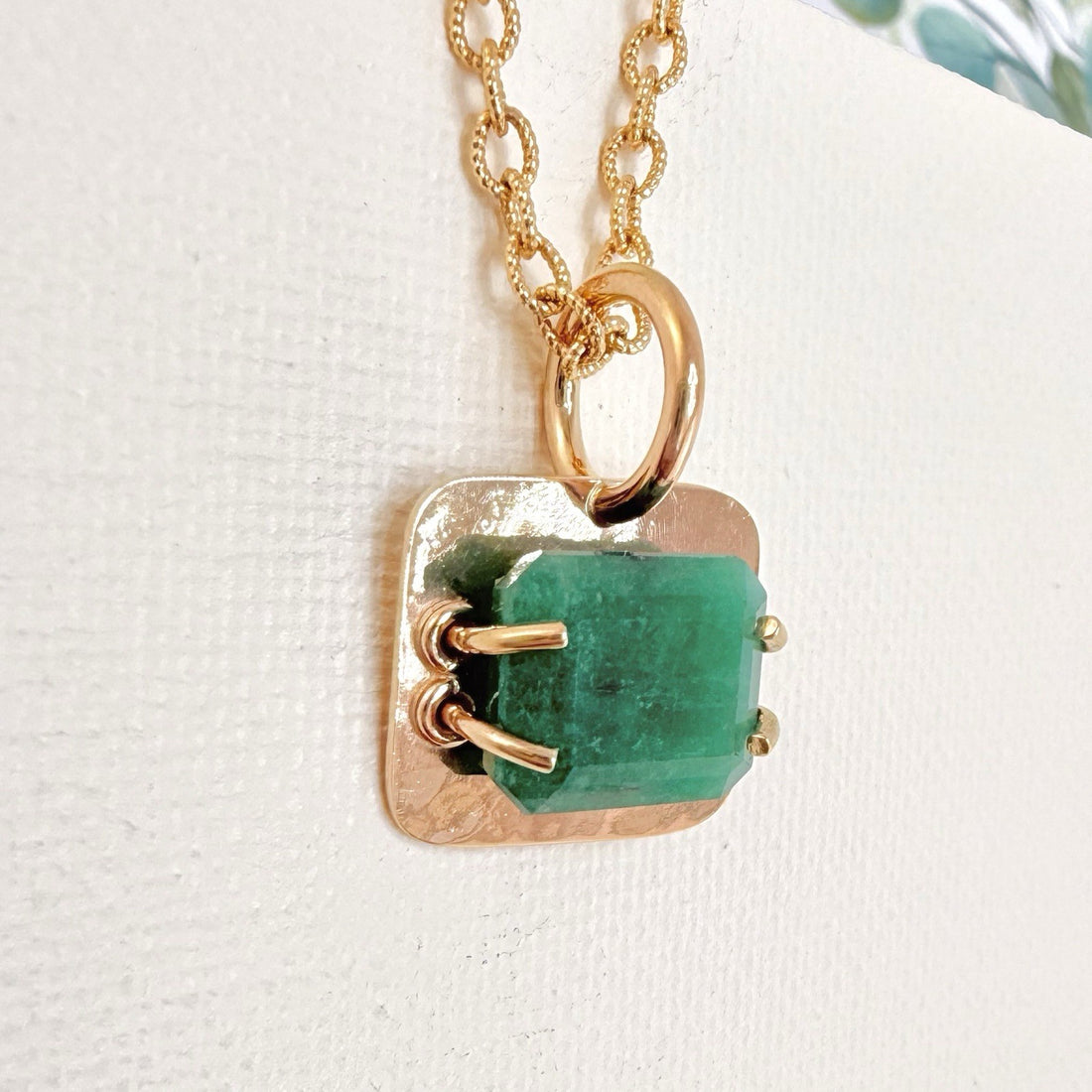 14k Yellow Gold Genuine Emerald Modernist Unisex Pendant, Newly Handcrafted 7ct