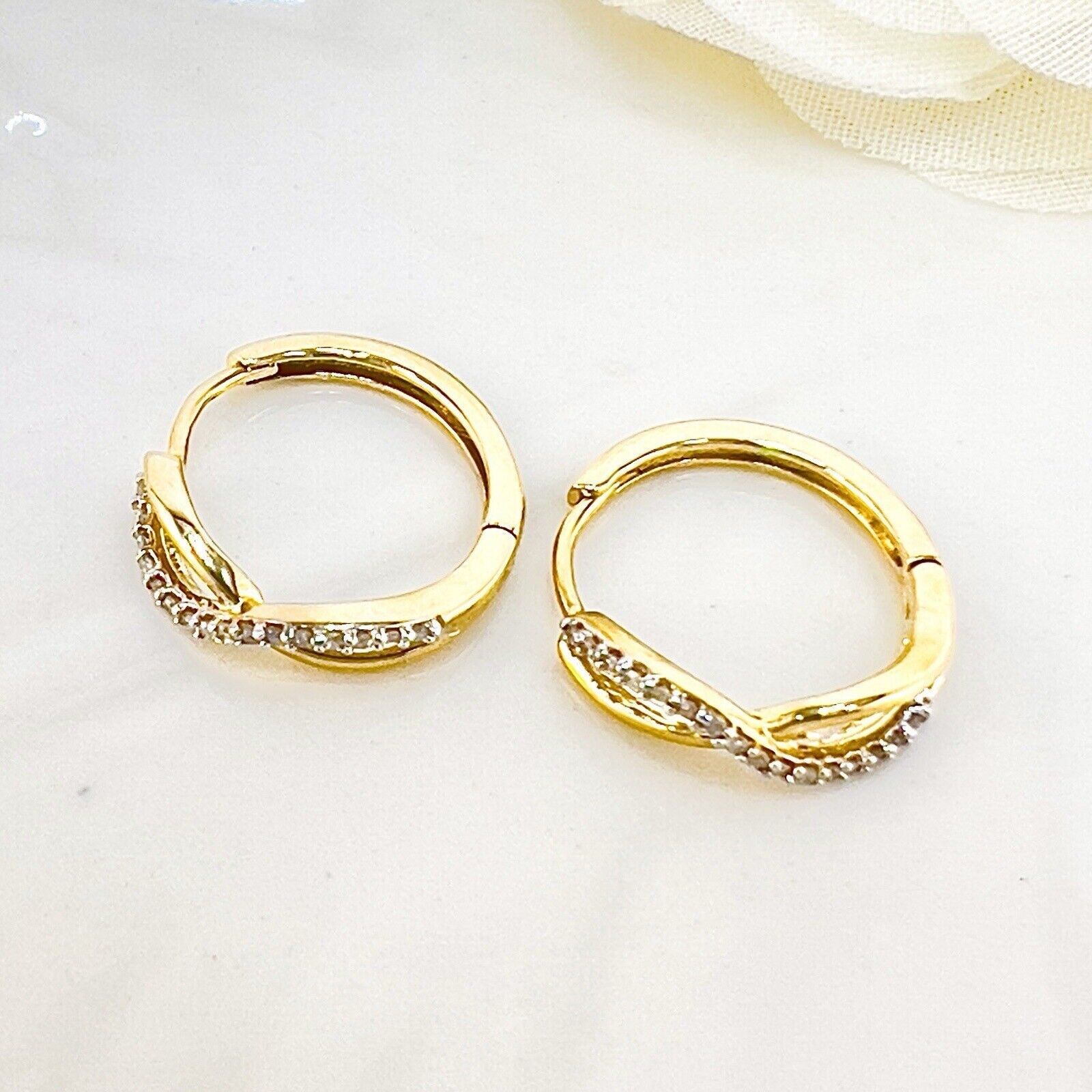 Solid 10k Yellow Gold Genuine Diamond Infinity-Design Hoop Earrings, New