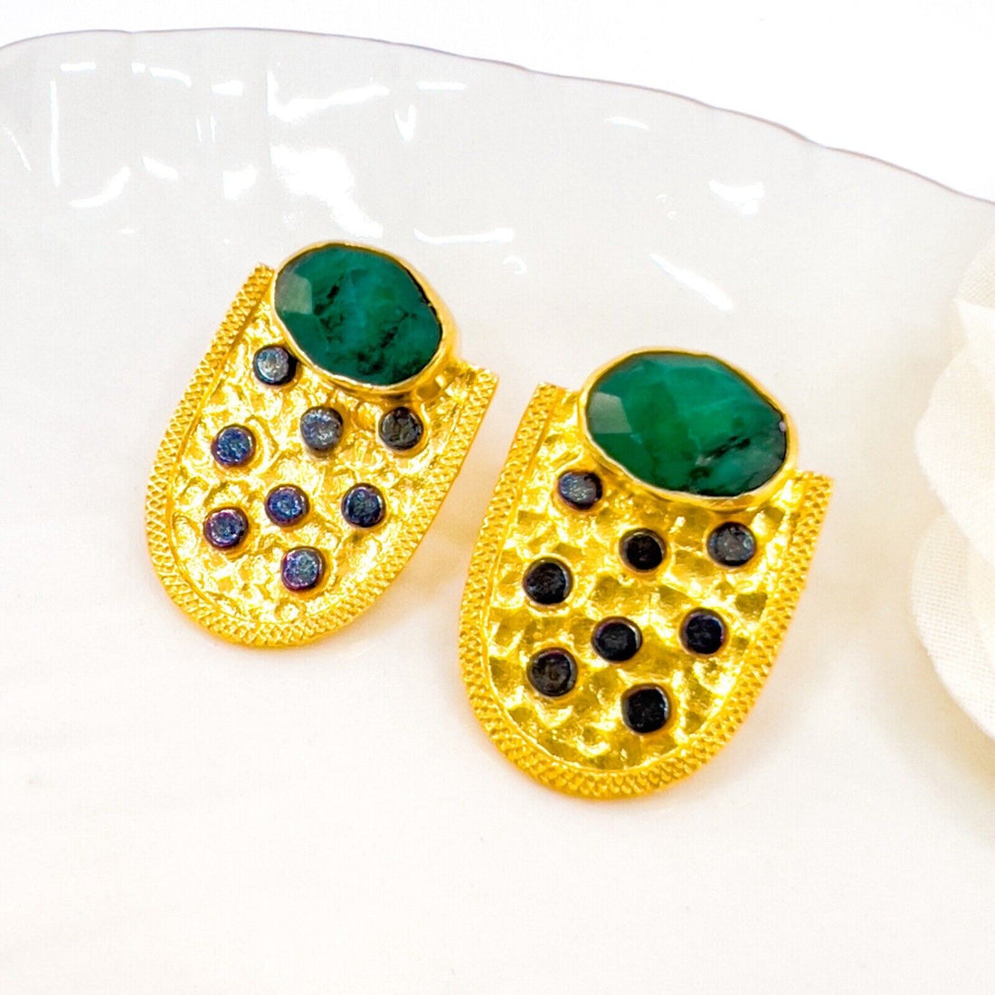 Genuine Emerald 22k Gold Over Sterling Silver Dangle Earrings, New