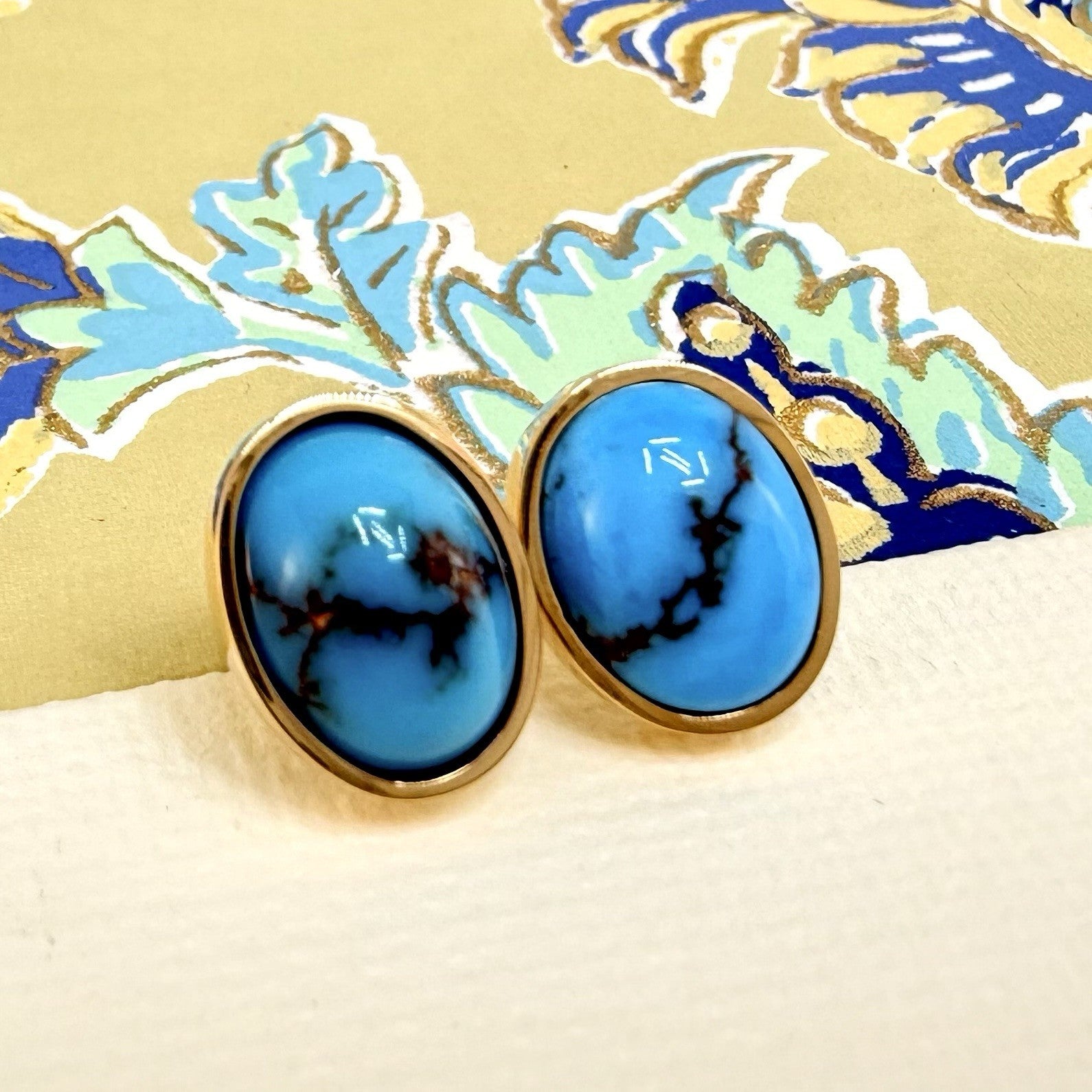 14k Yellow Gold Egyptian Turquoise Custom Made Stud Earrings, New Pair #2