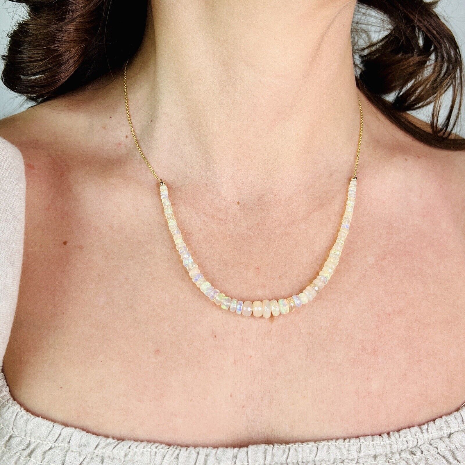 Genuine Opal (21.3ct) Solid 14k Yellow Gold Bead/Chain Necklace, New 19.5"