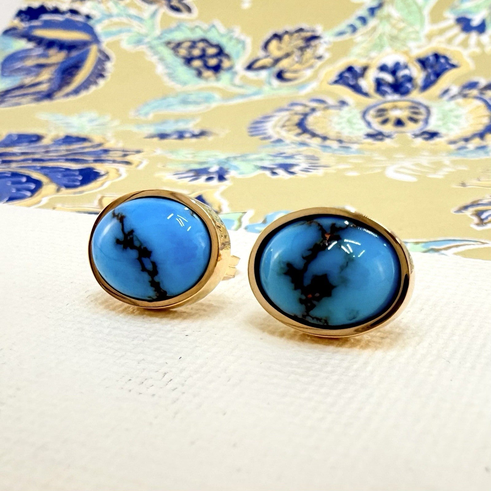 14k Yellow Gold Egyptian Turquoise Custom Made Stud Earrings, New Pair #2