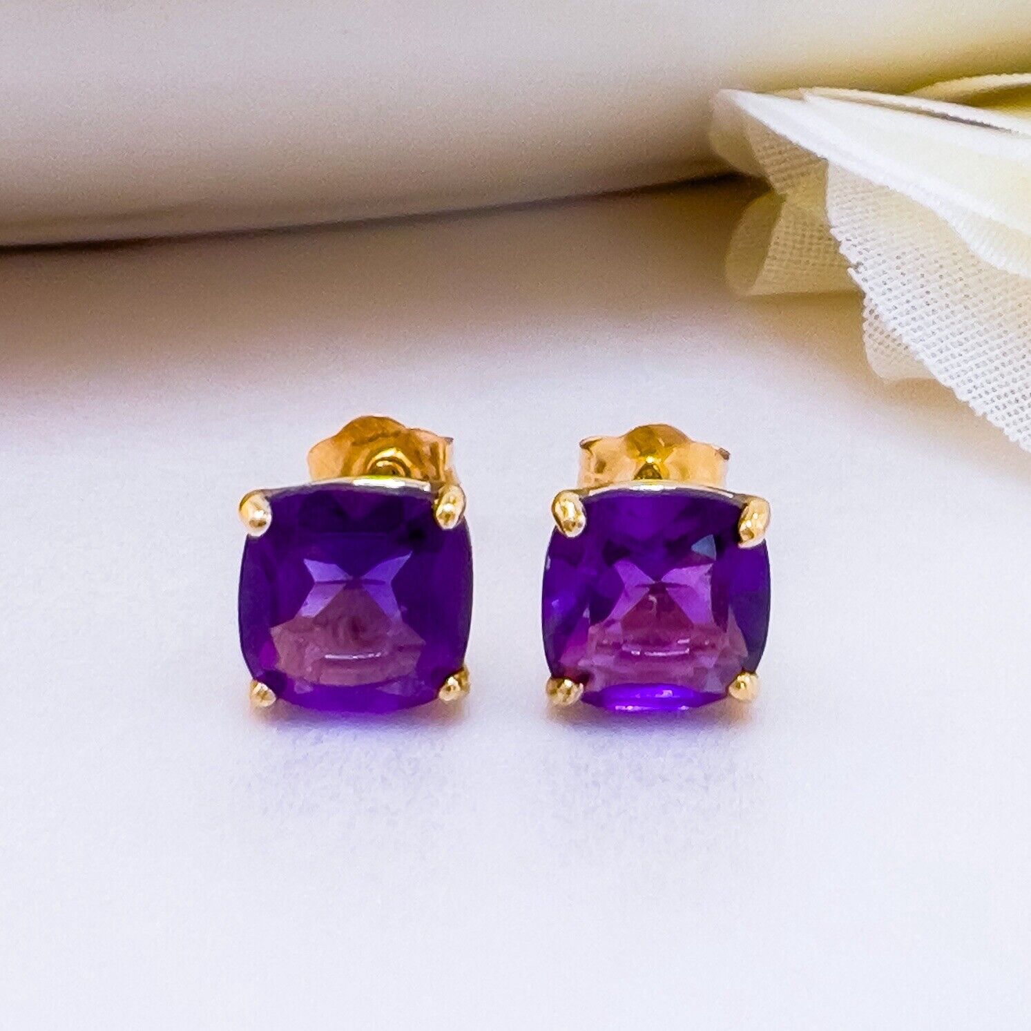 Solid 10k Yellow Gold Genuine Amethyst 6mm Stud Earrings, New