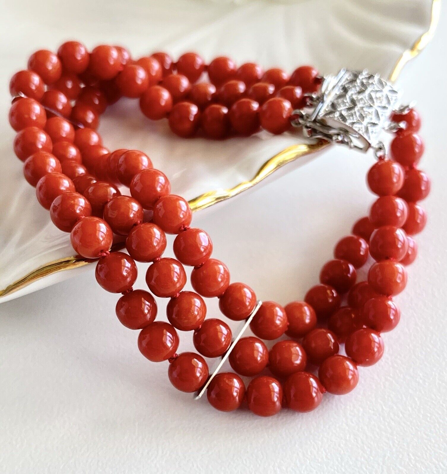 Natural Mediterranean Red Coral 14K White Gold & Diamonds Bracelet, 7"