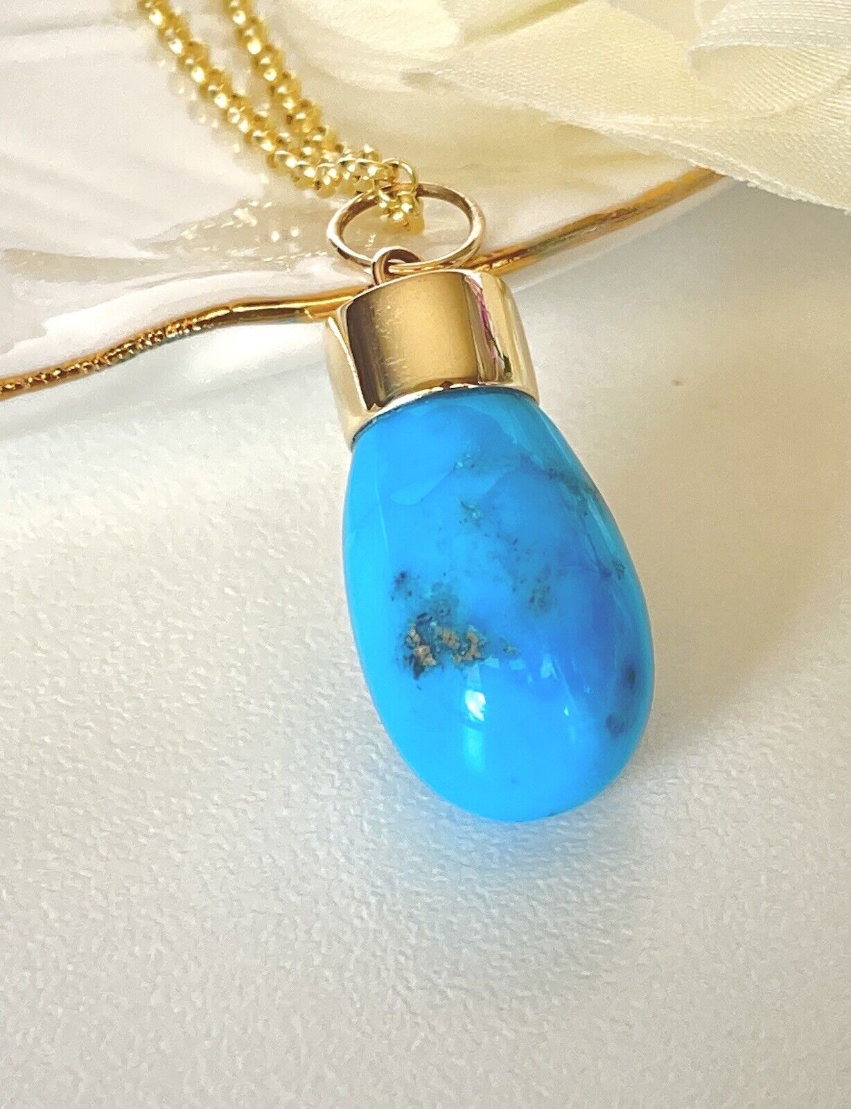 Natural Egyptian Turquoise (24ctw) & Solid 14K Yellow Gold Pendant, New 1.32" #1