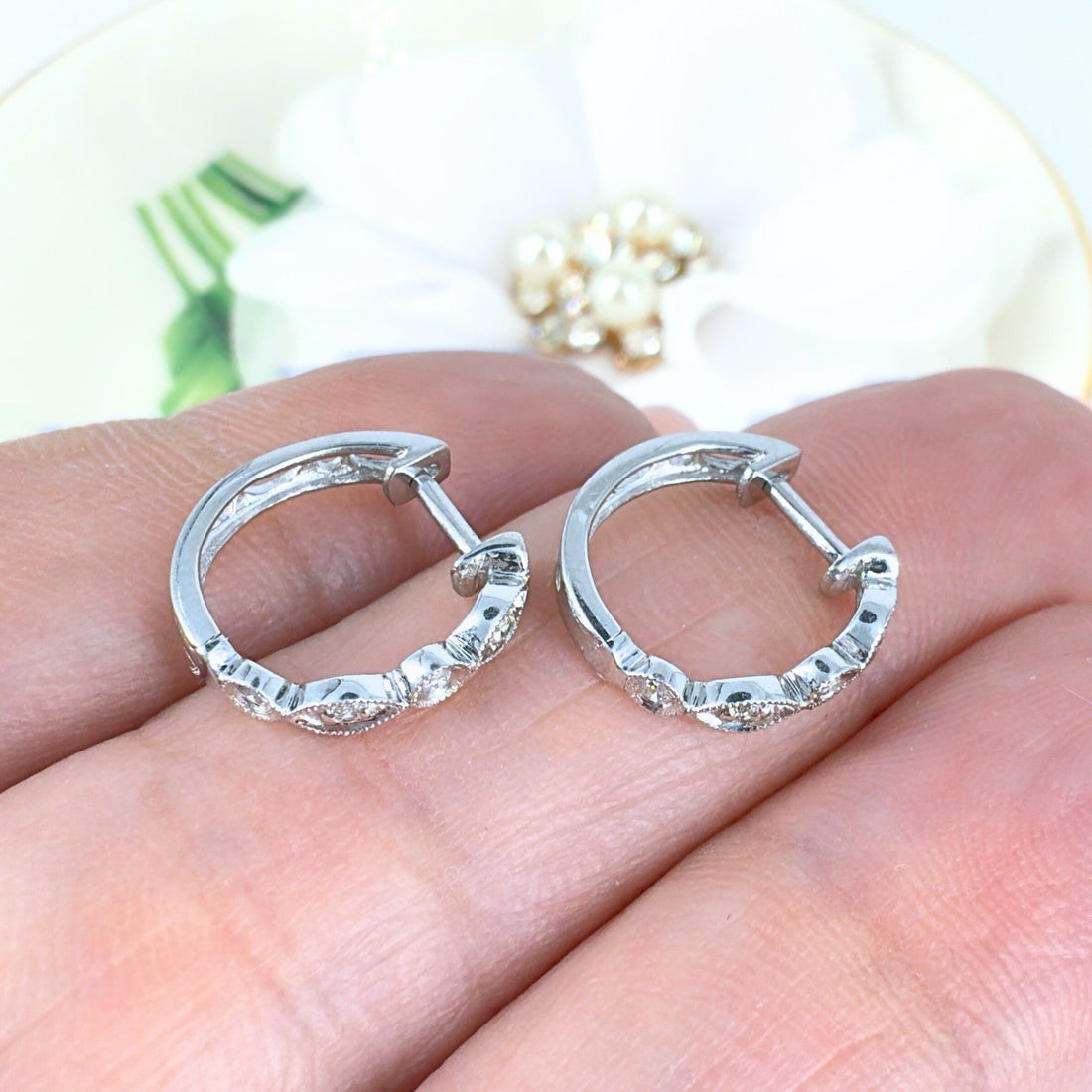 14k White Gold Genuine Diamond Huggie Hoop Earrings, New