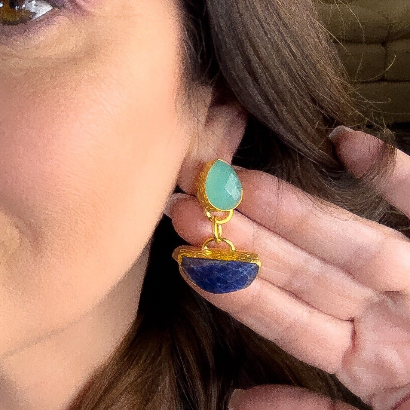 Etruscan Revival Genuine Green Chalcedony & Lapis Lazuli GP Dangle/Drop Earrings