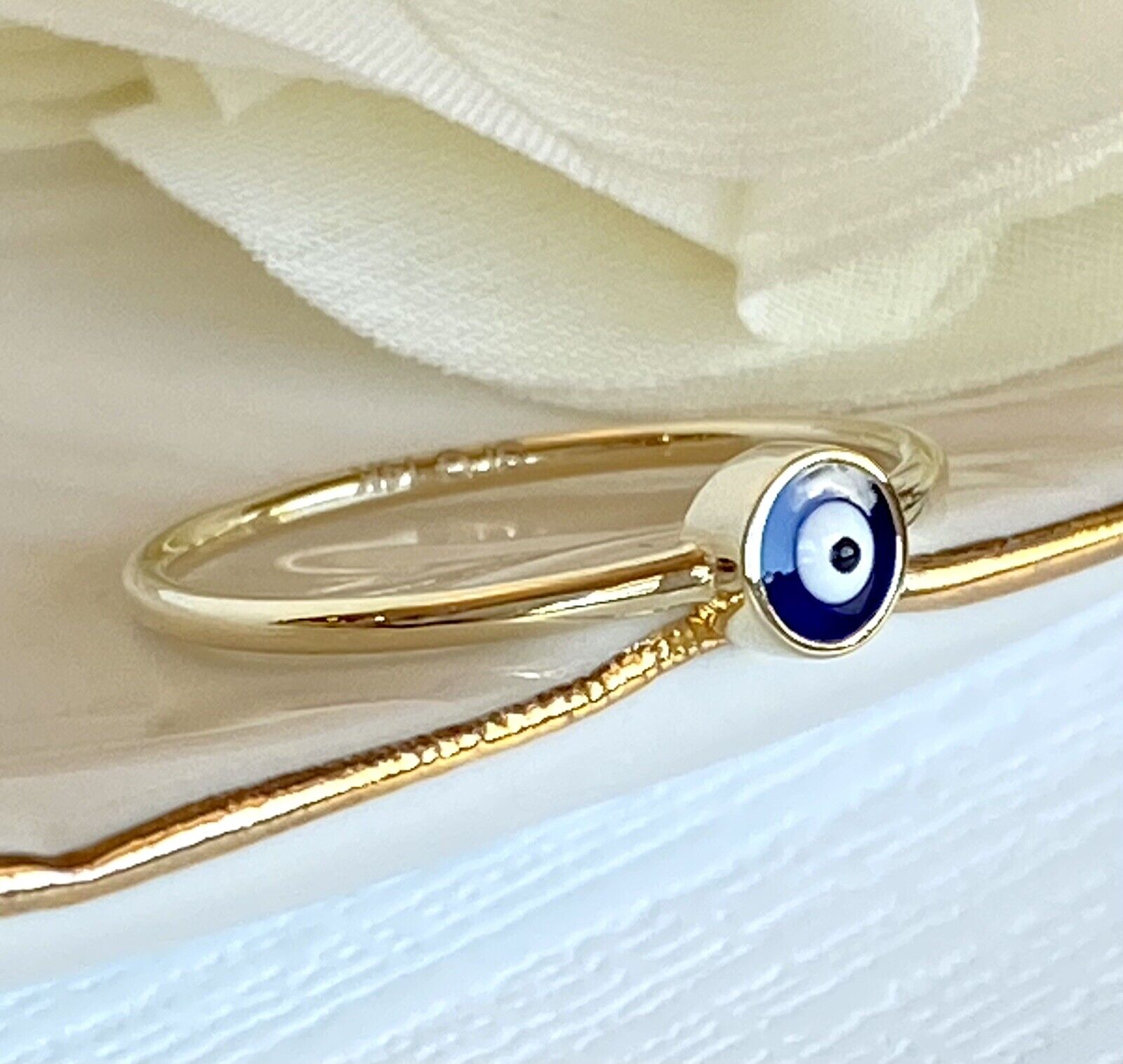 Solid 14k Yellow Gold Lucky Blue Eye Ring, New, Size 6.75