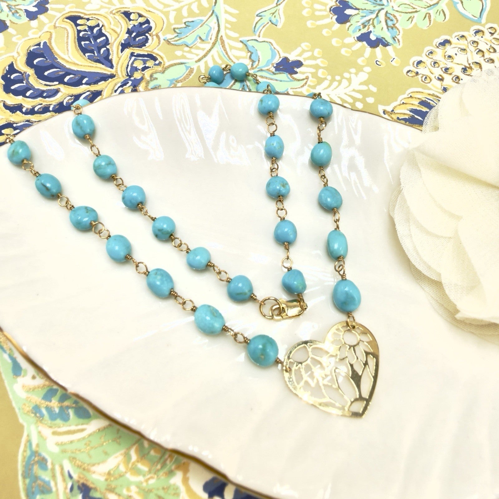 14k Sleeping Beauty Turquoise with Pierce-Work Heart Pendant Necklace, 18.25"