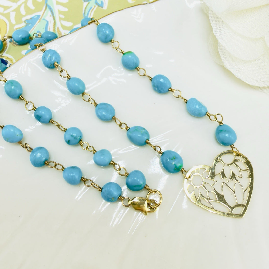 14k Sleeping Beauty Turquoise with Pierce-Work Heart Pendant Necklace, 18.25"