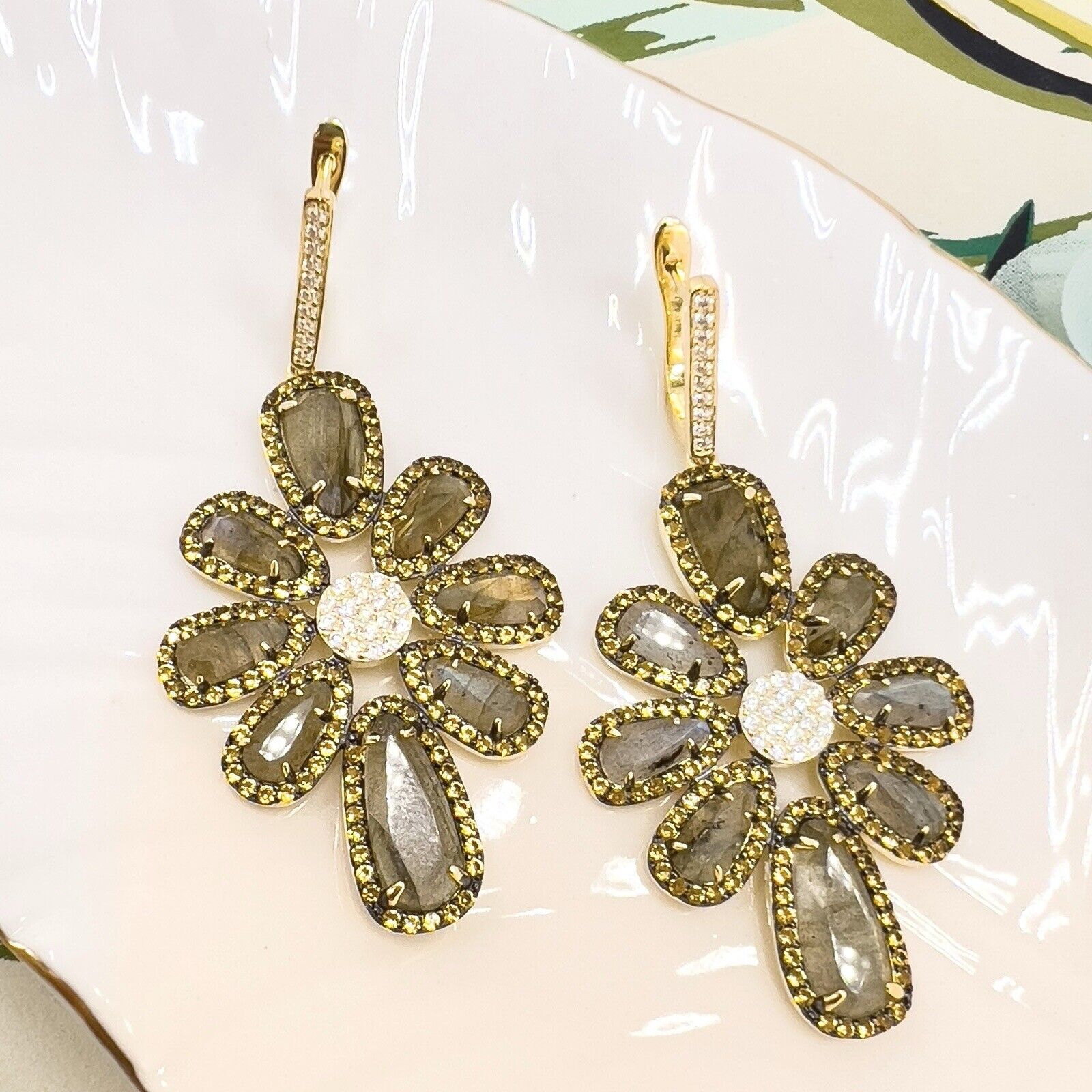 Genuine Labradorite Citrine & Cz Sterling Silver Vermeil Statement Earrings, New