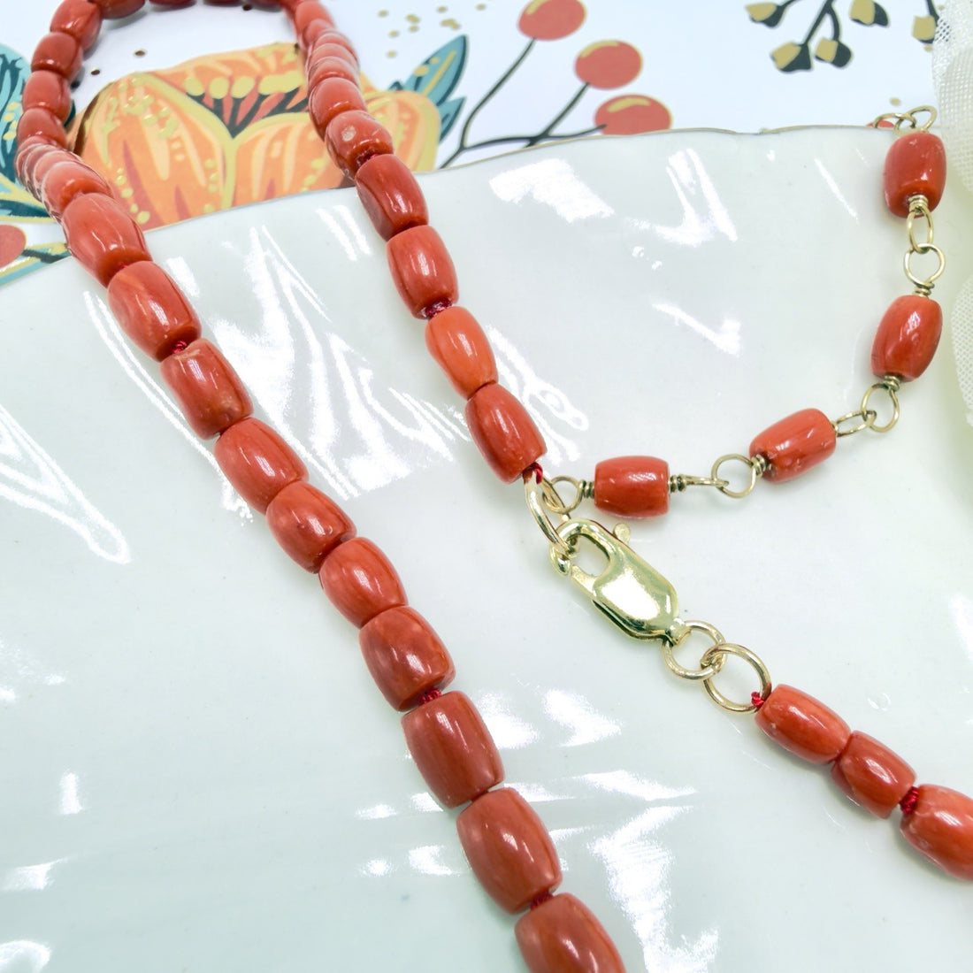 Natural Italian Red Coral 14k Yellow gold Necklace, Adjustable 18-19.5"