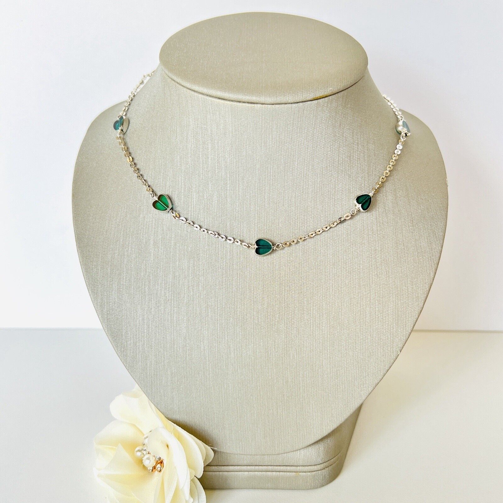 Vintage Sterling Silver Green Crystal Heart Station Necklace, New 15.5"