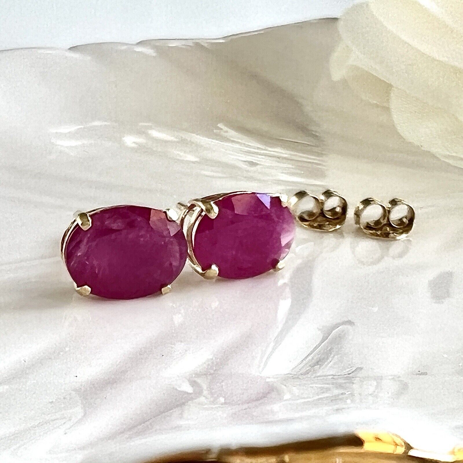 Solid 14k Yellow Gold Genuine Ruby 6x8mm Stud Earrings, New