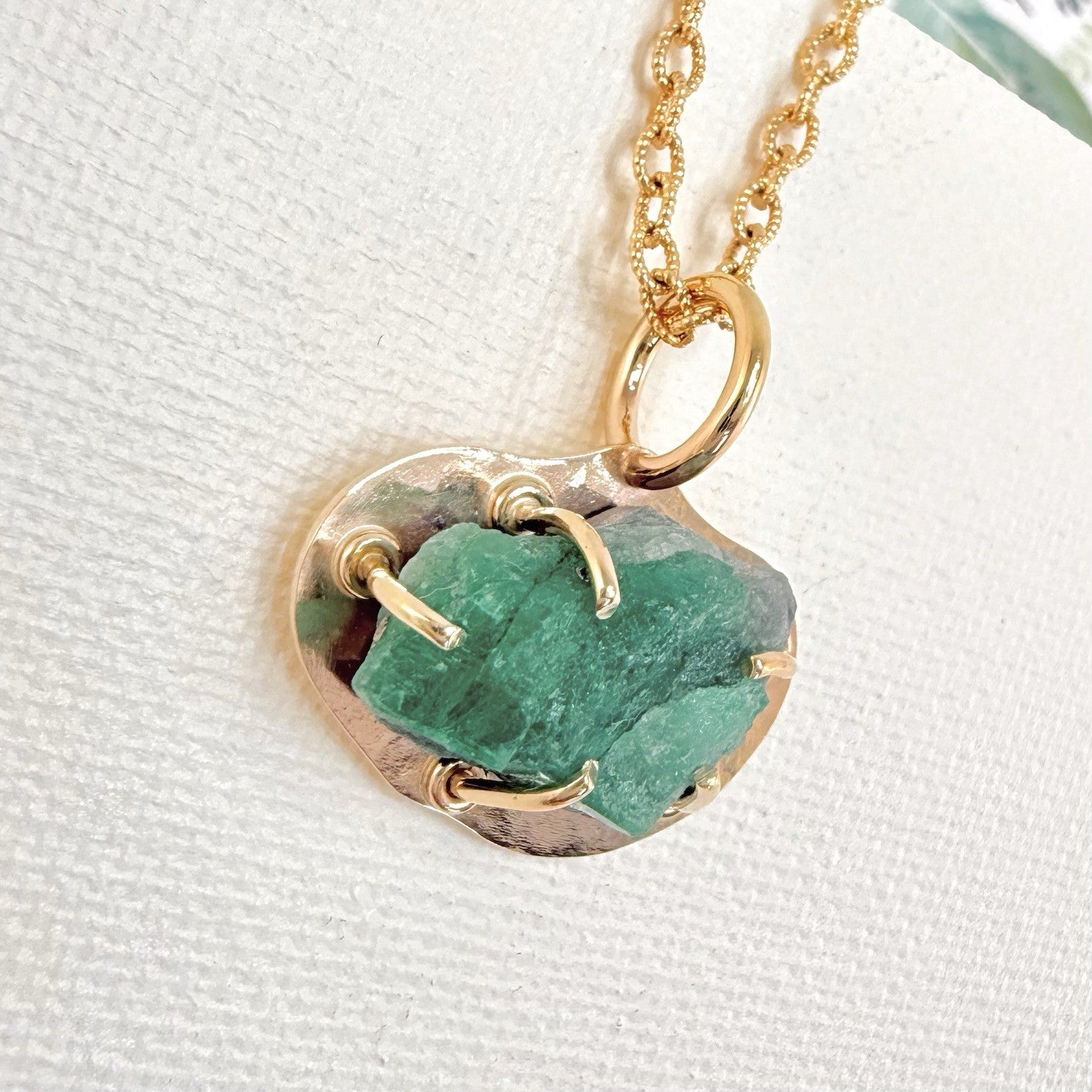 14k Yellow Gold Genuine Emerald Rough Freeform Modernist Pendant, New, Unisex