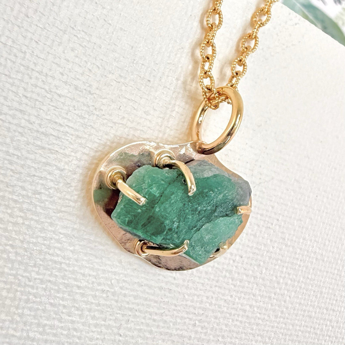 14k Yellow Gold Genuine Emerald Rough Freeform Modernist Pendant, New, Unisex