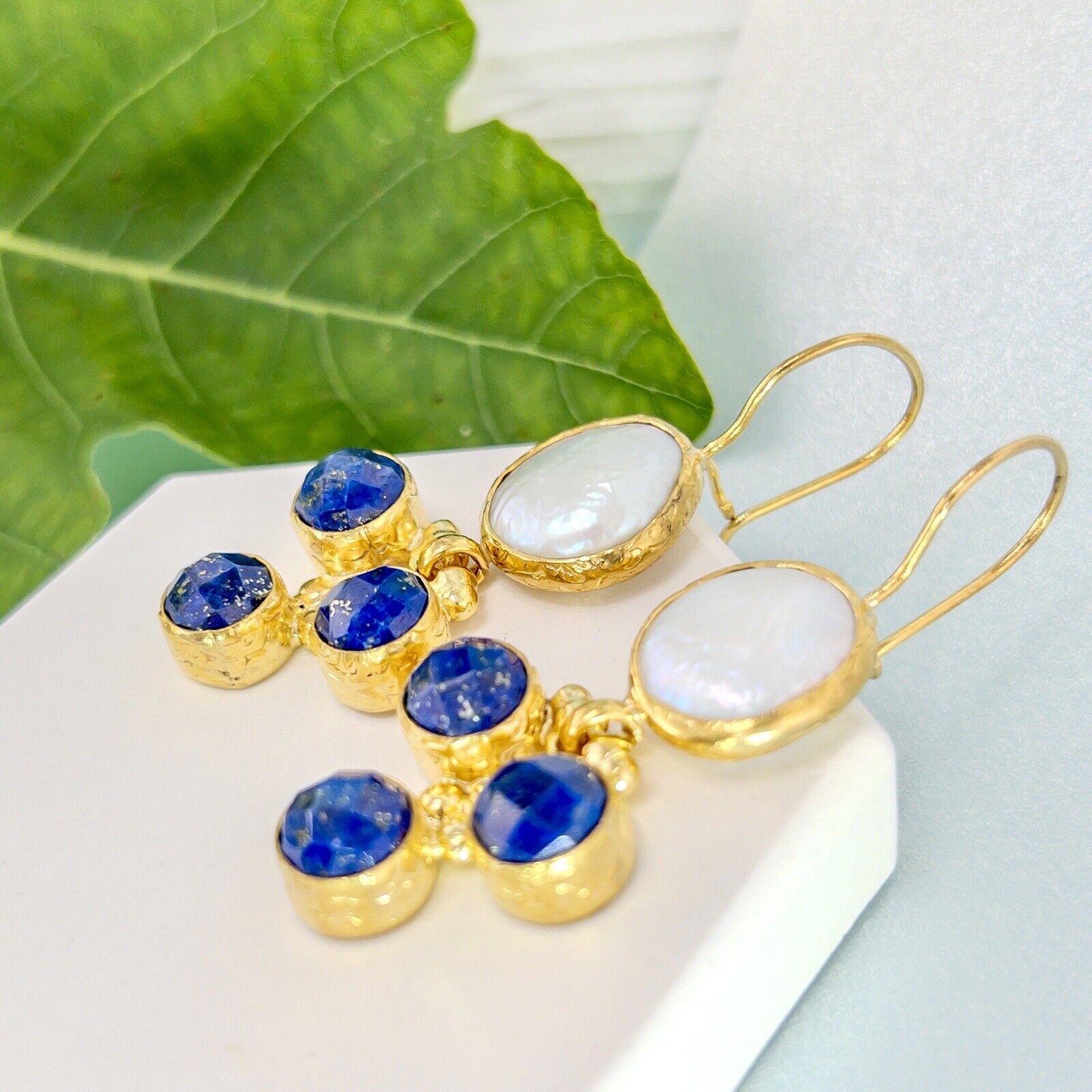 Natural Lapis Lazuli & Coin Pearl Gold Plated Dangle/Drop Earring, New 2"