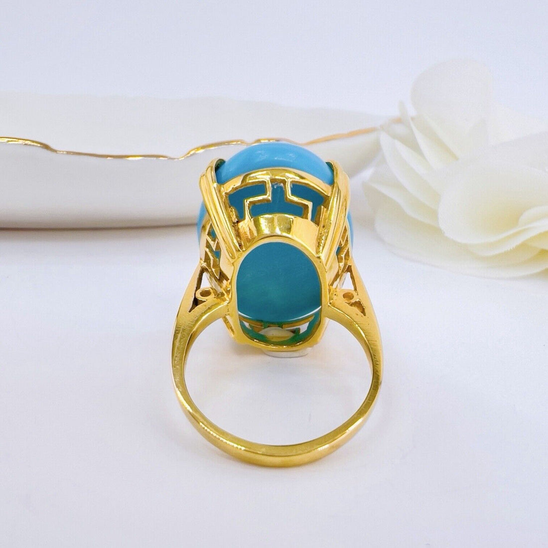 Vintage European 8k Yellow Gold American Turquoise & Diamond Ring, Size 4.75