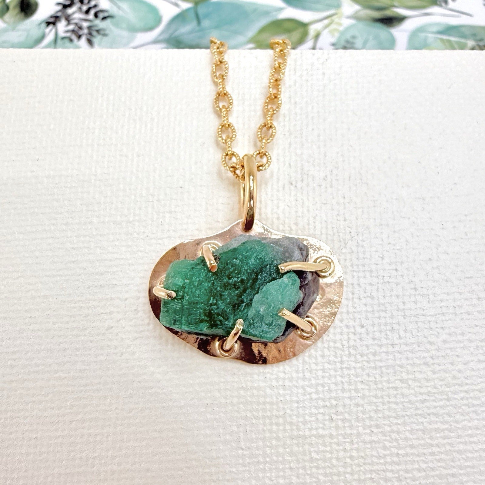 14k Yellow Gold Genuine Emerald Rough Freeform Modernist Pendant, New, Unisex