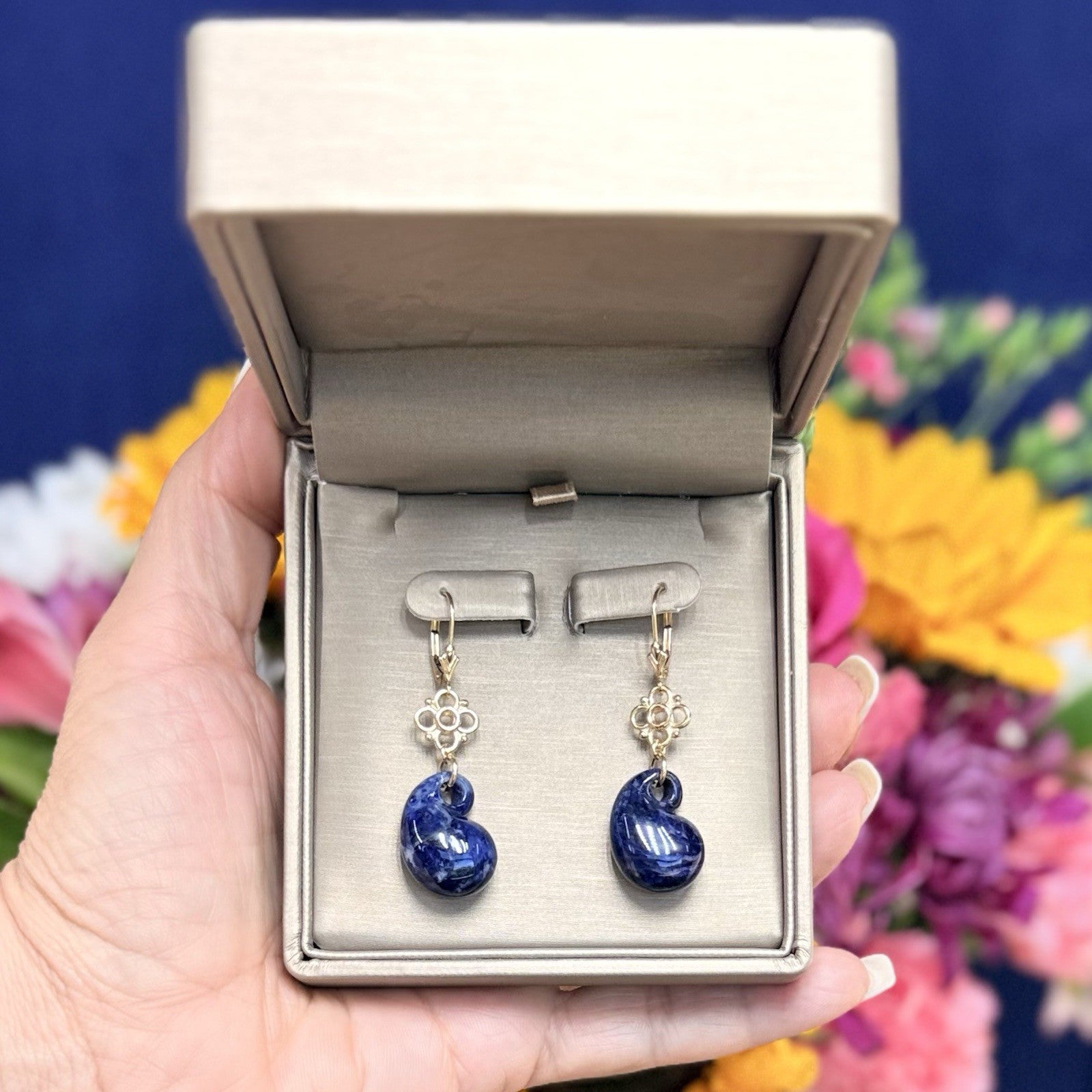 14k Yellow Gold Genuine Sodalite Drop Dangle Lever-back Earrings, New 1.87"