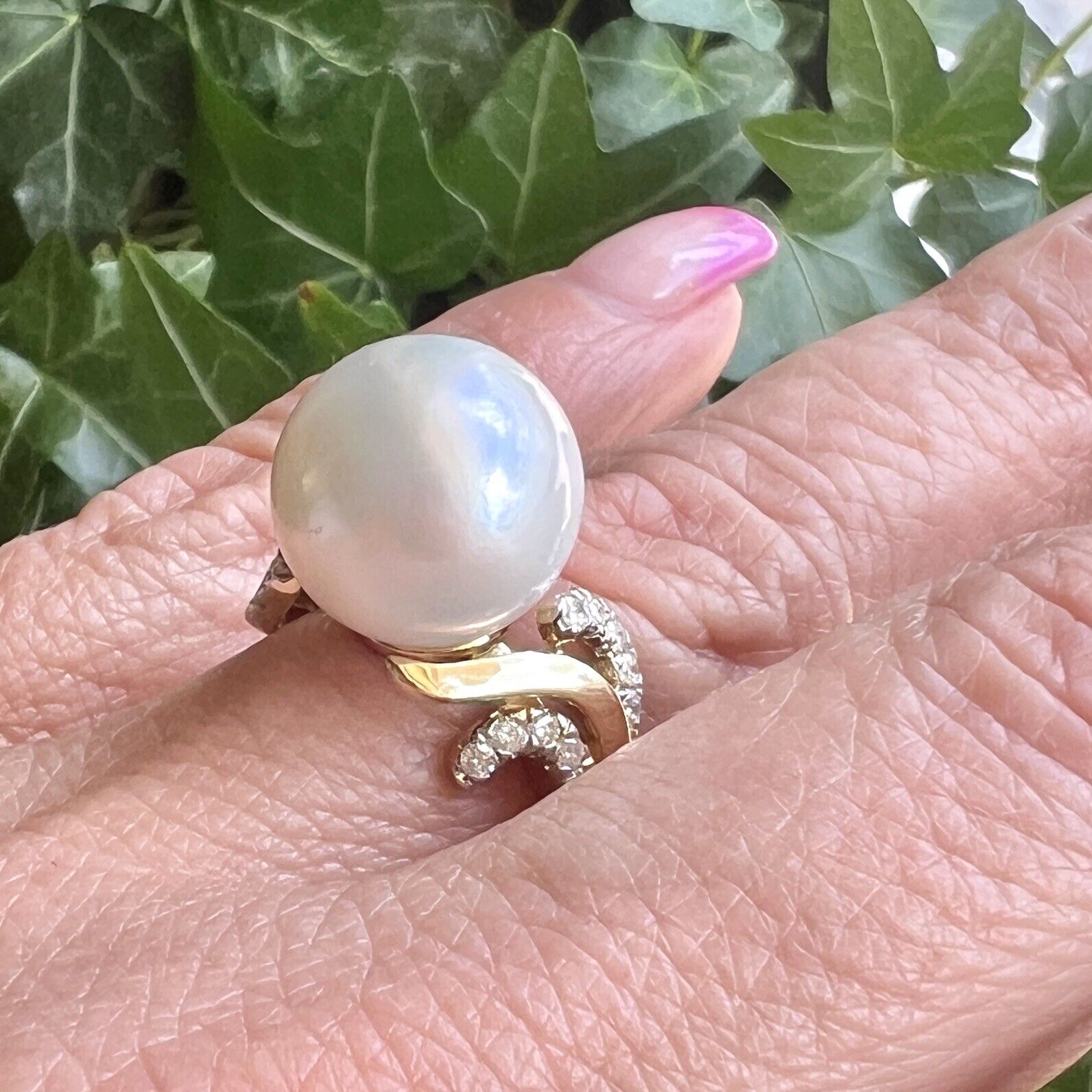 Solid 14k Yellow Gold Genuine 13.3mm Pearl & Diamond Ring, Size 7 New