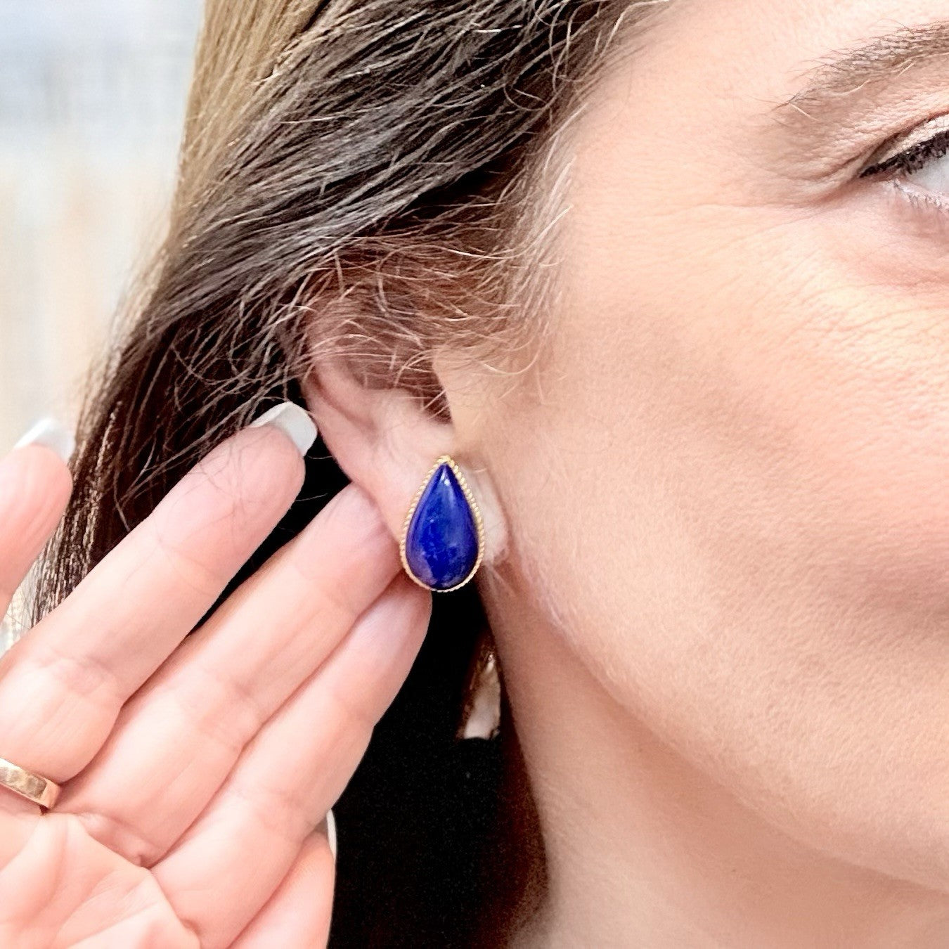 14k Yellow Gold Dark Blue Lapis Lazuli Omega Back Earrings, Preowned