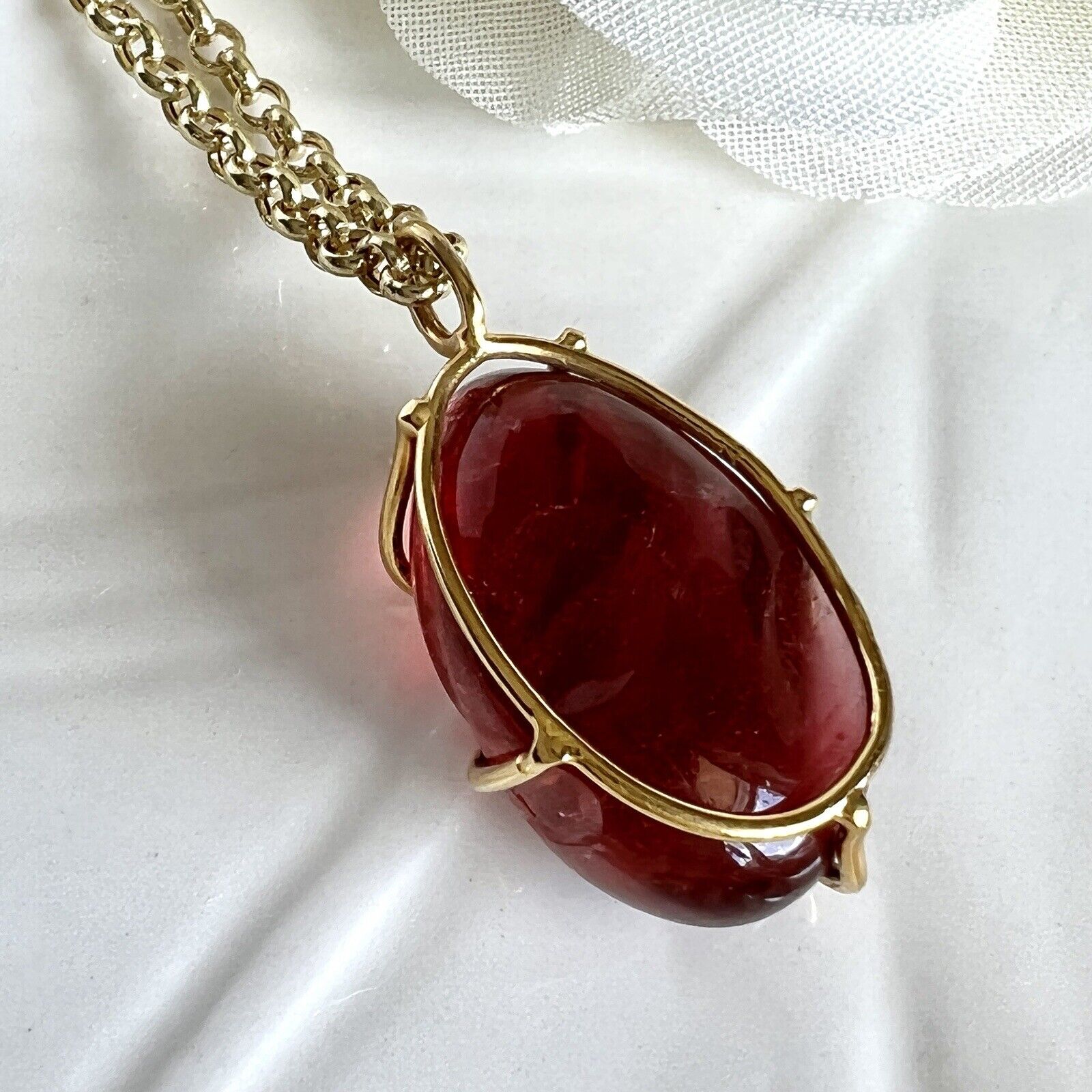 Solid 14k Yellow Gold Natural Smooth Red Tourmaline (16ct) Nugget Pendant, New