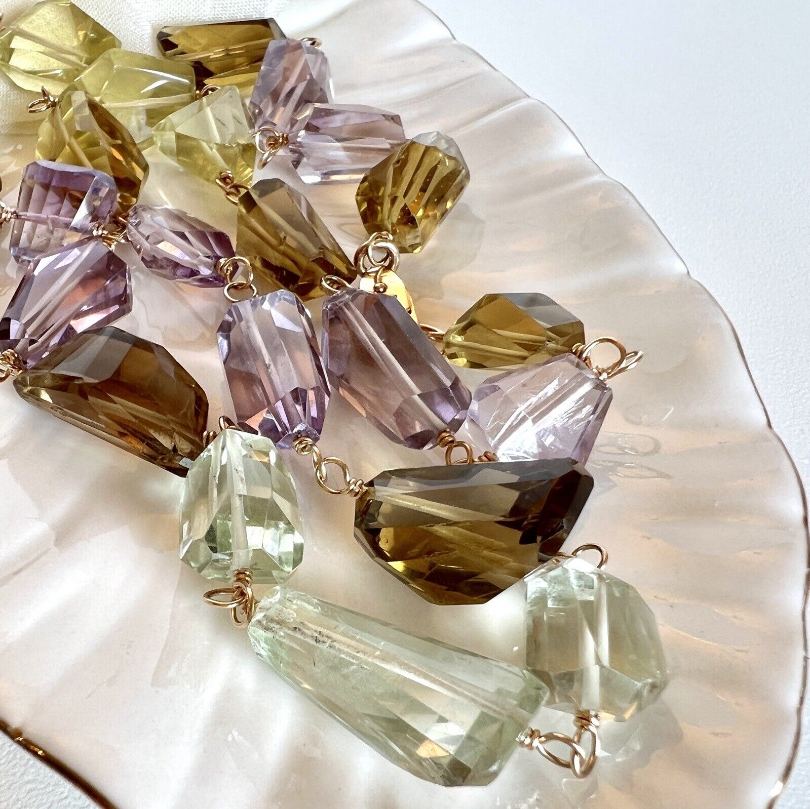 Solid 14k Yellow Gold Multi-Color Quartz Nugget Station Necklace 20" New